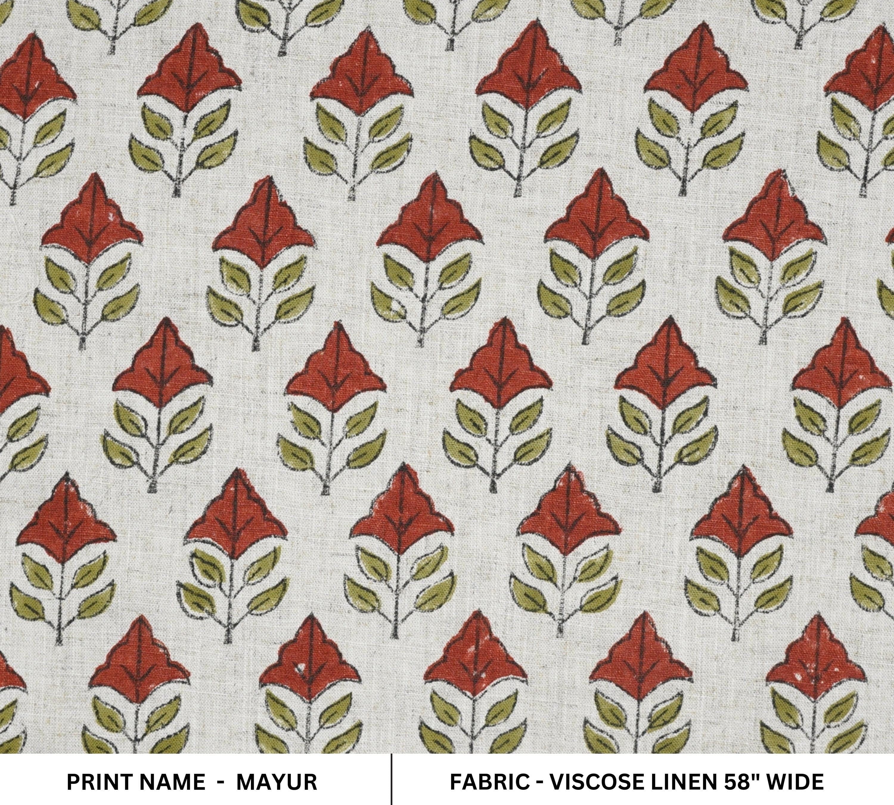 HANDMADE VISCOSE LINEN PREMIUM DESIGNER MAYUR FLORAL FABRIC – RED & GREEN INDOOR ROOM