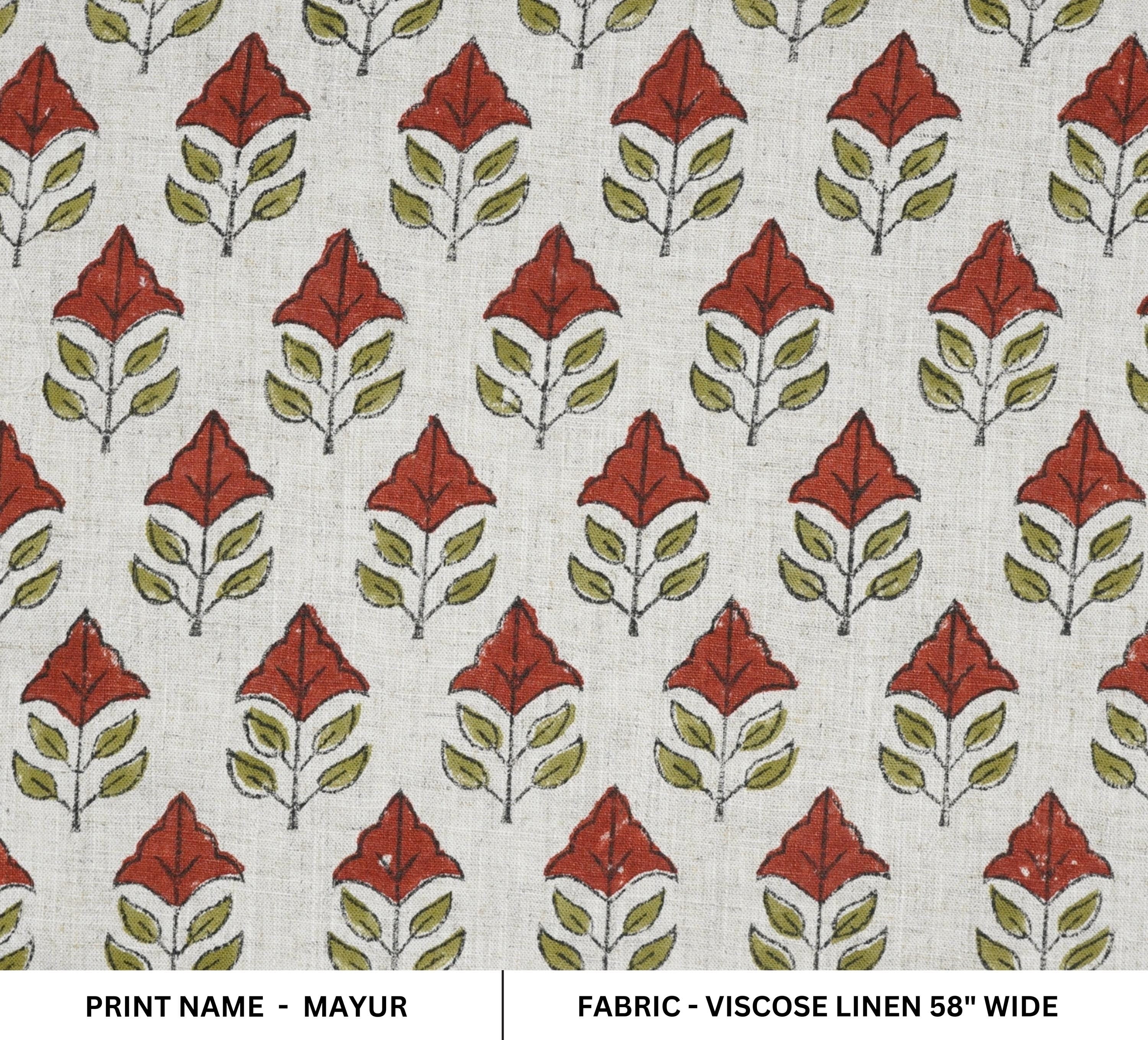 HANDMADE VISCOSE LINEN PREMIUM DESIGNER MAYUR FLORAL FABRIC – RED & GREEN INDOOR ROOM