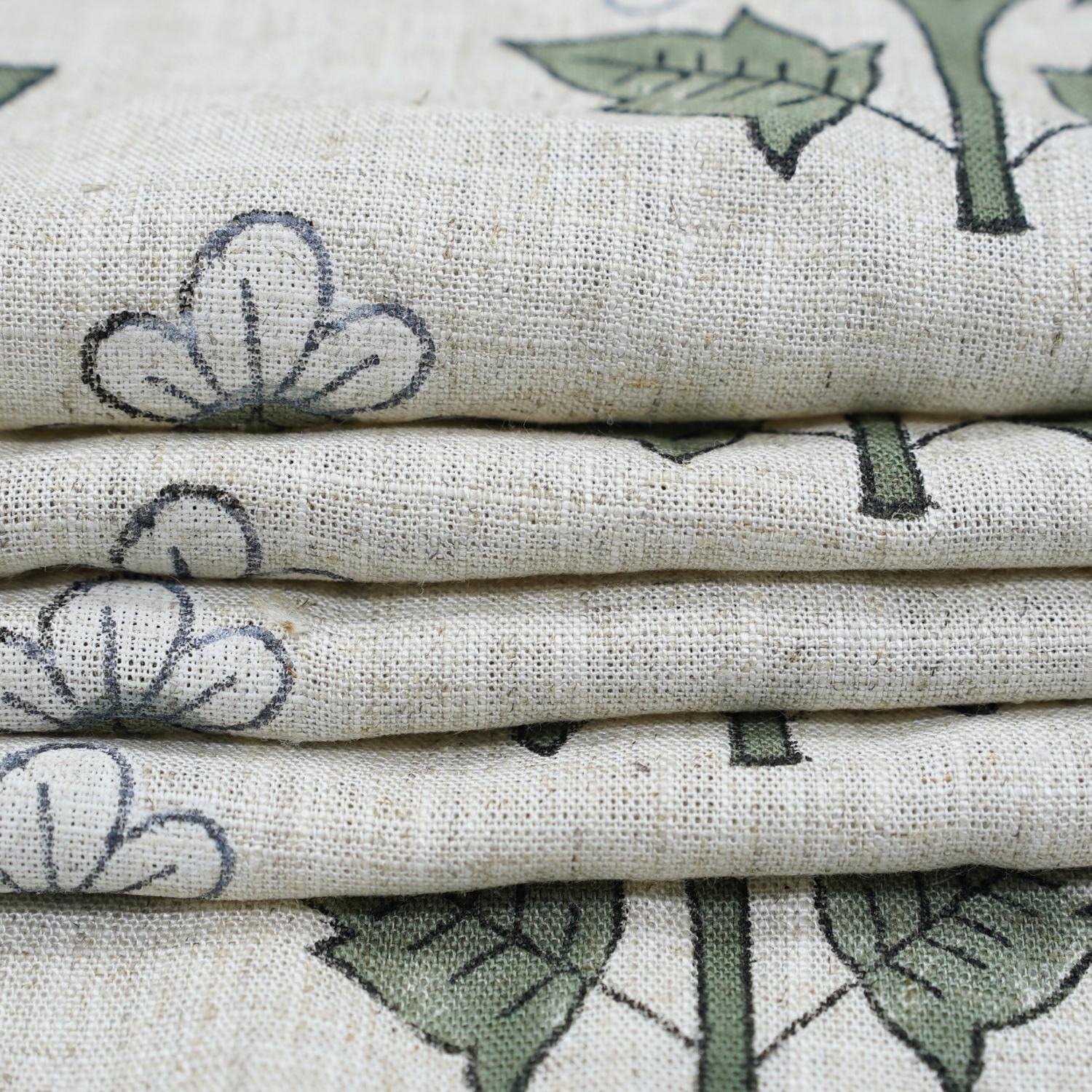 Handblock Printed Green Floral Viscose Linen Fabric Chahat Grace
