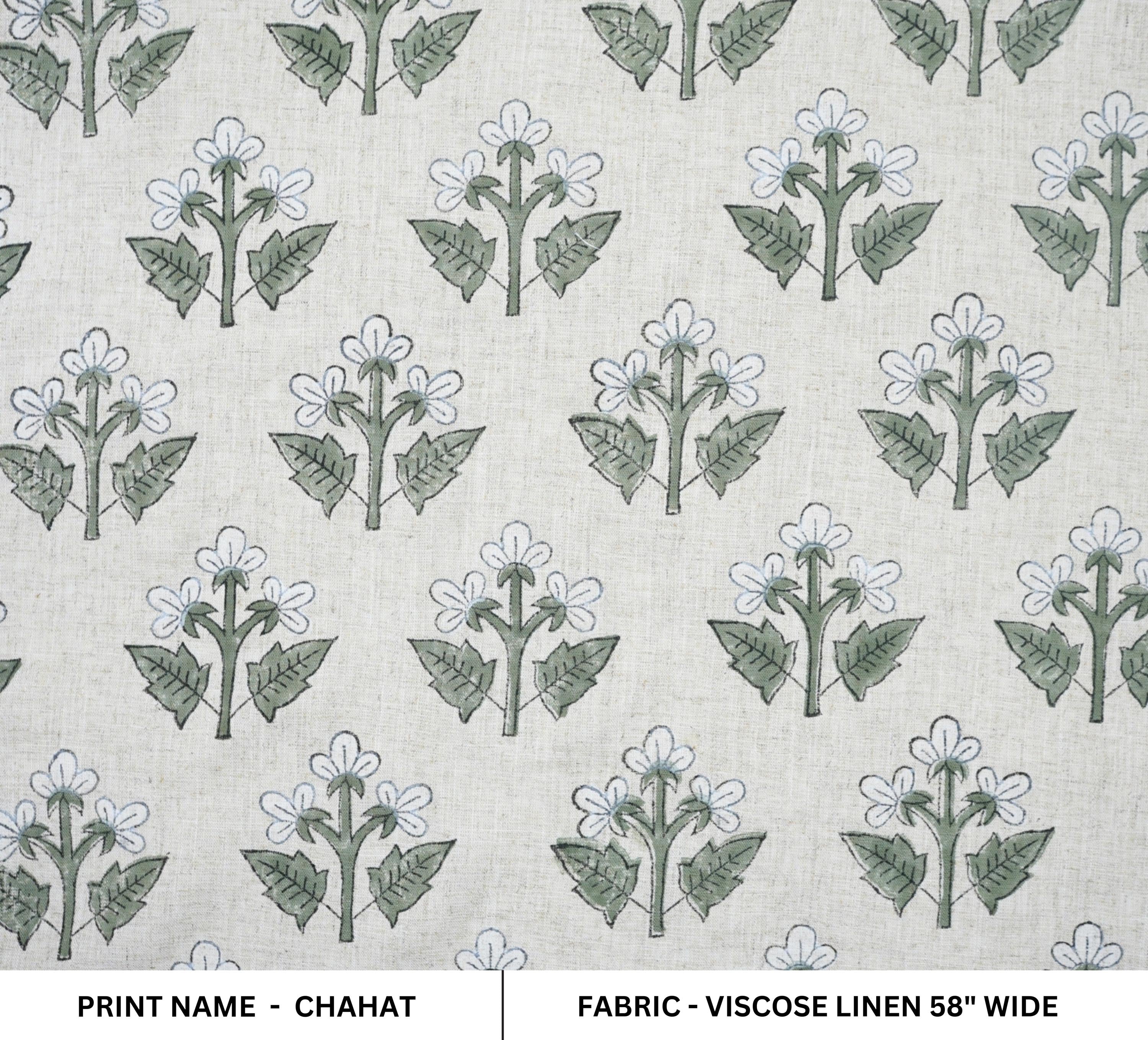 Handblock Printed Green Floral Viscose Linen Fabric Chahat Grace