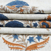 BLOCK PRINT LINEN HANDMADE PRINT BLUE WITH ORANGE FLORAL - MOHINI