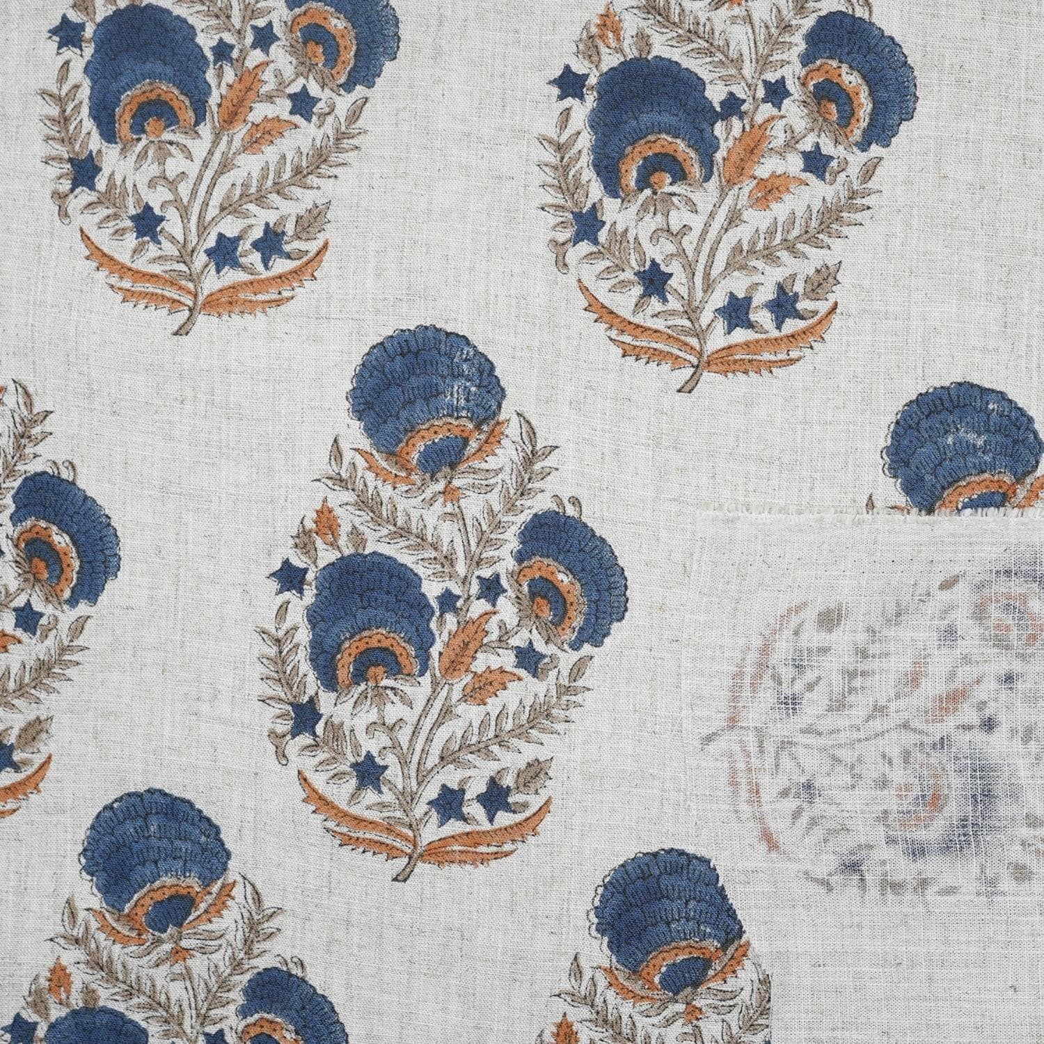 BLOCK PRINT LINEN HANDMADE PRINT BLUE WITH ORANGE FLORAL - MOHINI