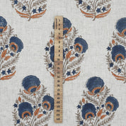 BLOCK PRINT LINEN HANDMADE PRINT BLUE WITH ORANGE FLORAL - MOHINI