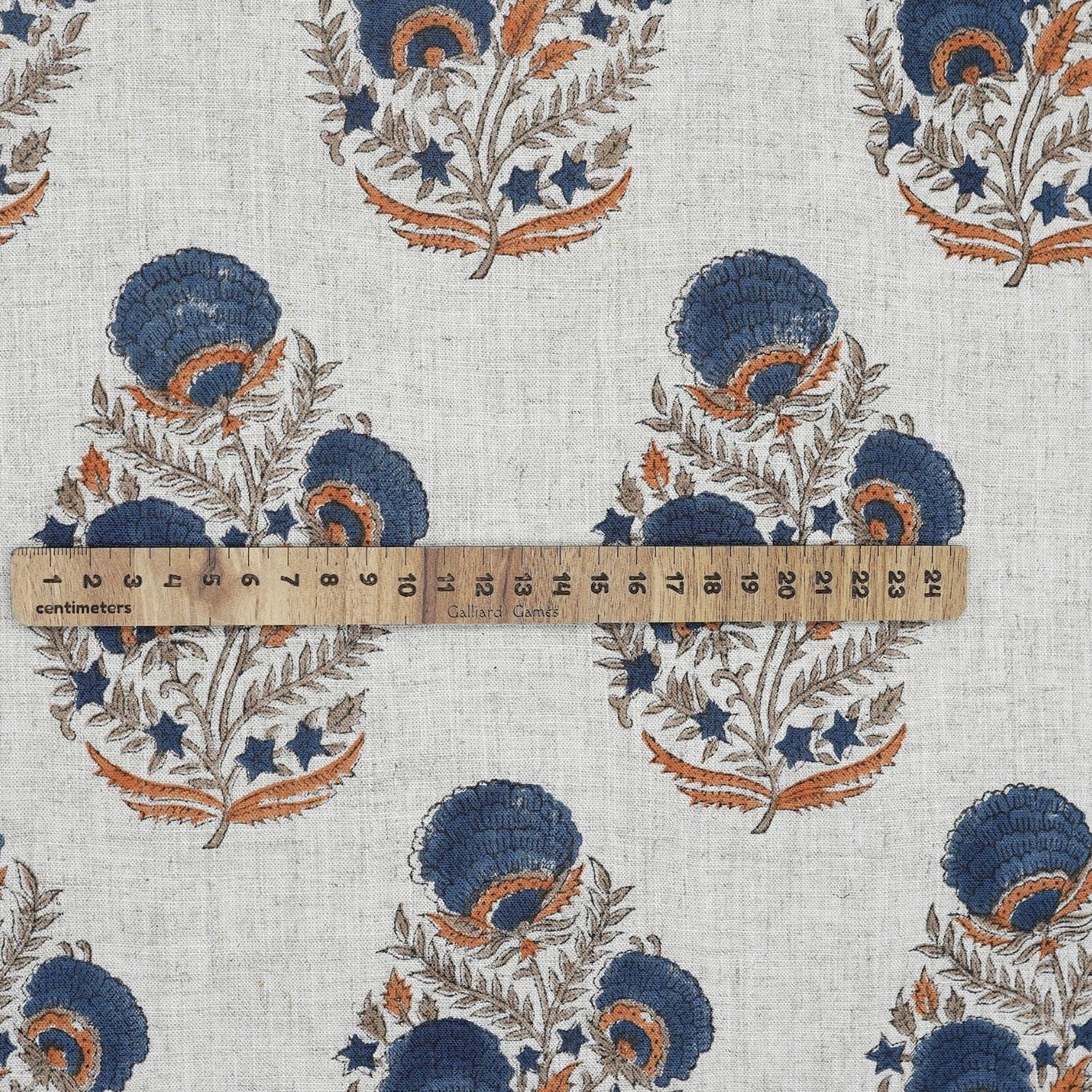 BLOCK PRINT LINEN HANDMADE PRINT BLUE WITH ORANGE FLORAL - MOHINI