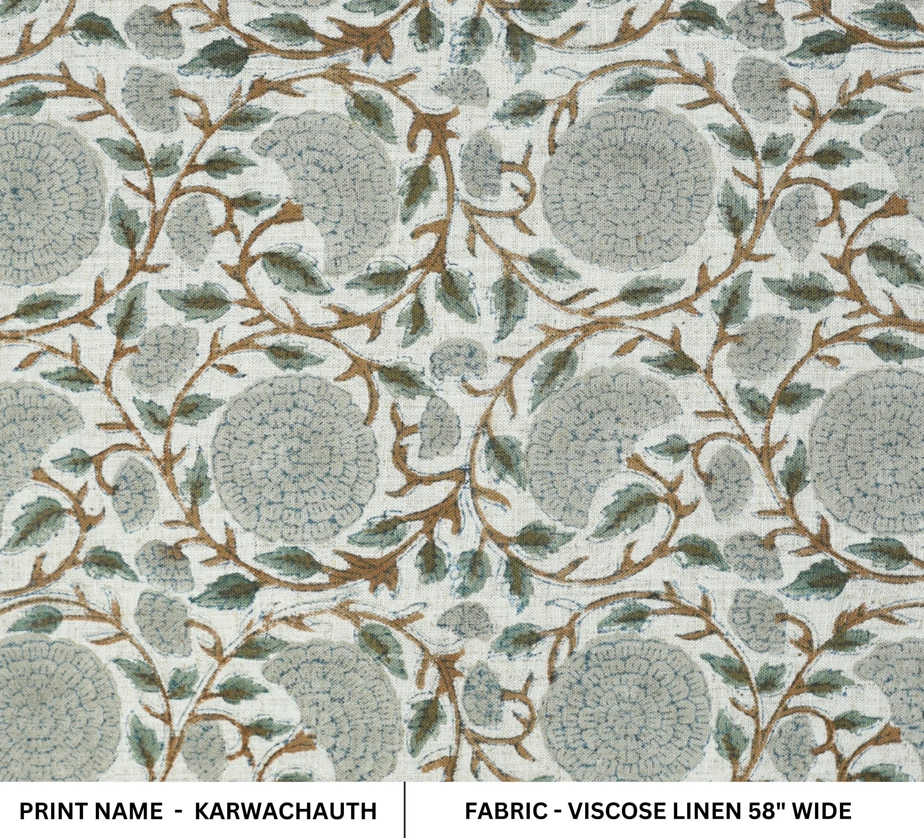 HAND BLOCK PRINT VISCOSE LINEN UPHOLSTERY FLORAL FABRIC  - KARWACHAUTH