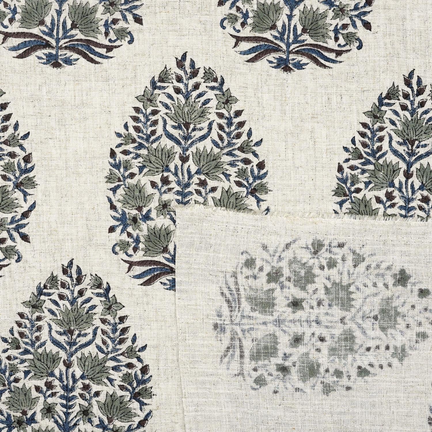 HAND BLOCK PRINT FLORAL GRAY AND BLUE NATURAL LINEN FABRIC - KUMUD