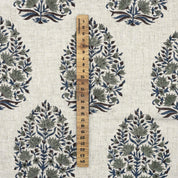 HAND BLOCK PRINT FLORAL GRAY AND BLUE NATURAL LINEN FABRIC - KUMUD