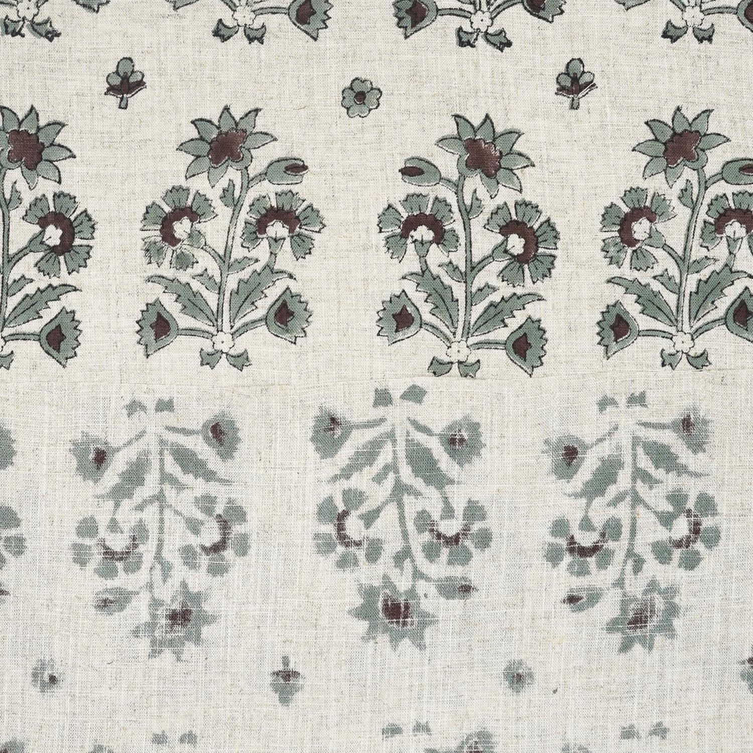 HAND BLOCK PRINT FLORAL GREEN AND BLUE NATURAL LINEN FABRIC - SADABAHAR