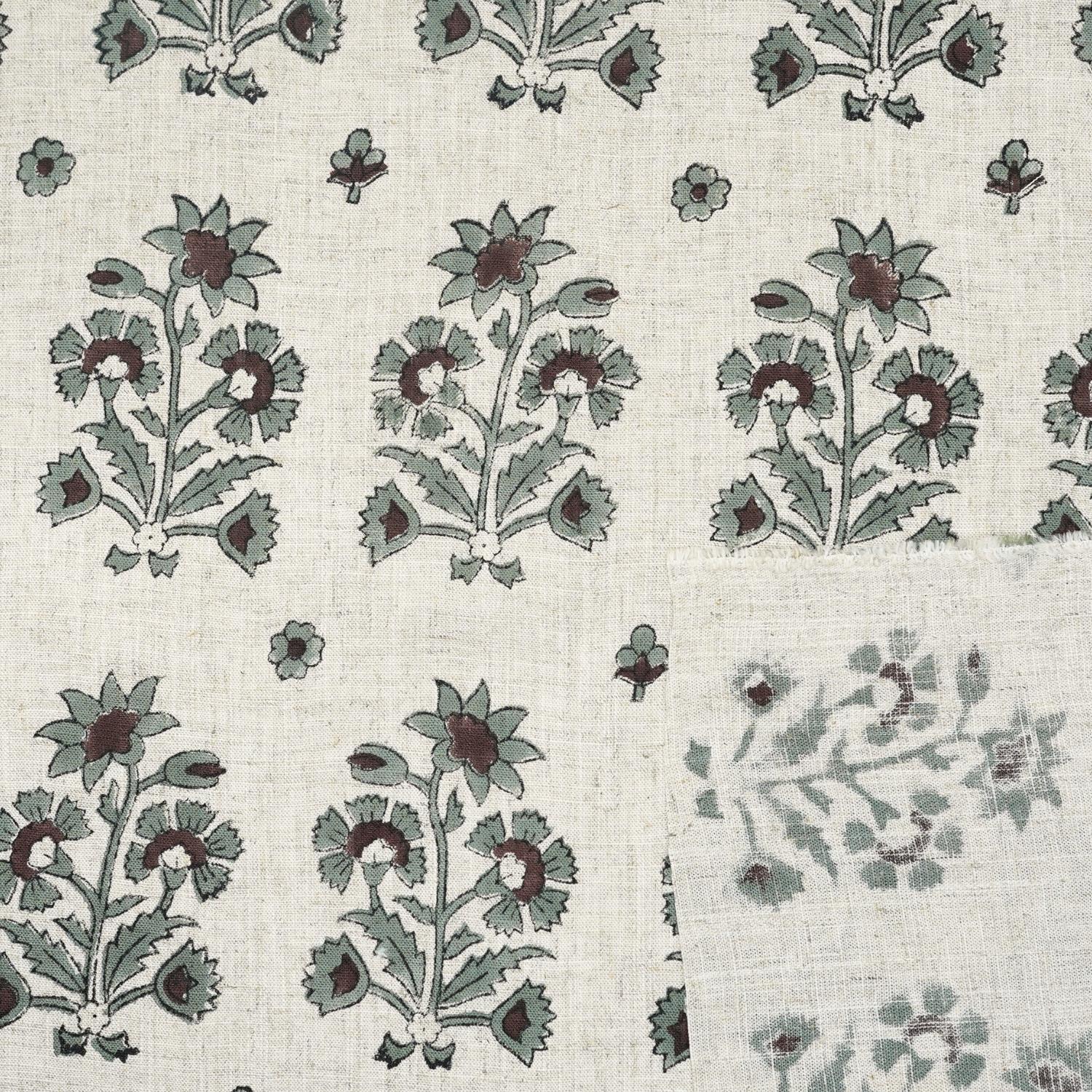 HAND BLOCK PRINT FLORAL GREEN AND BLUE NATURAL LINEN FABRIC - SADABAHAR