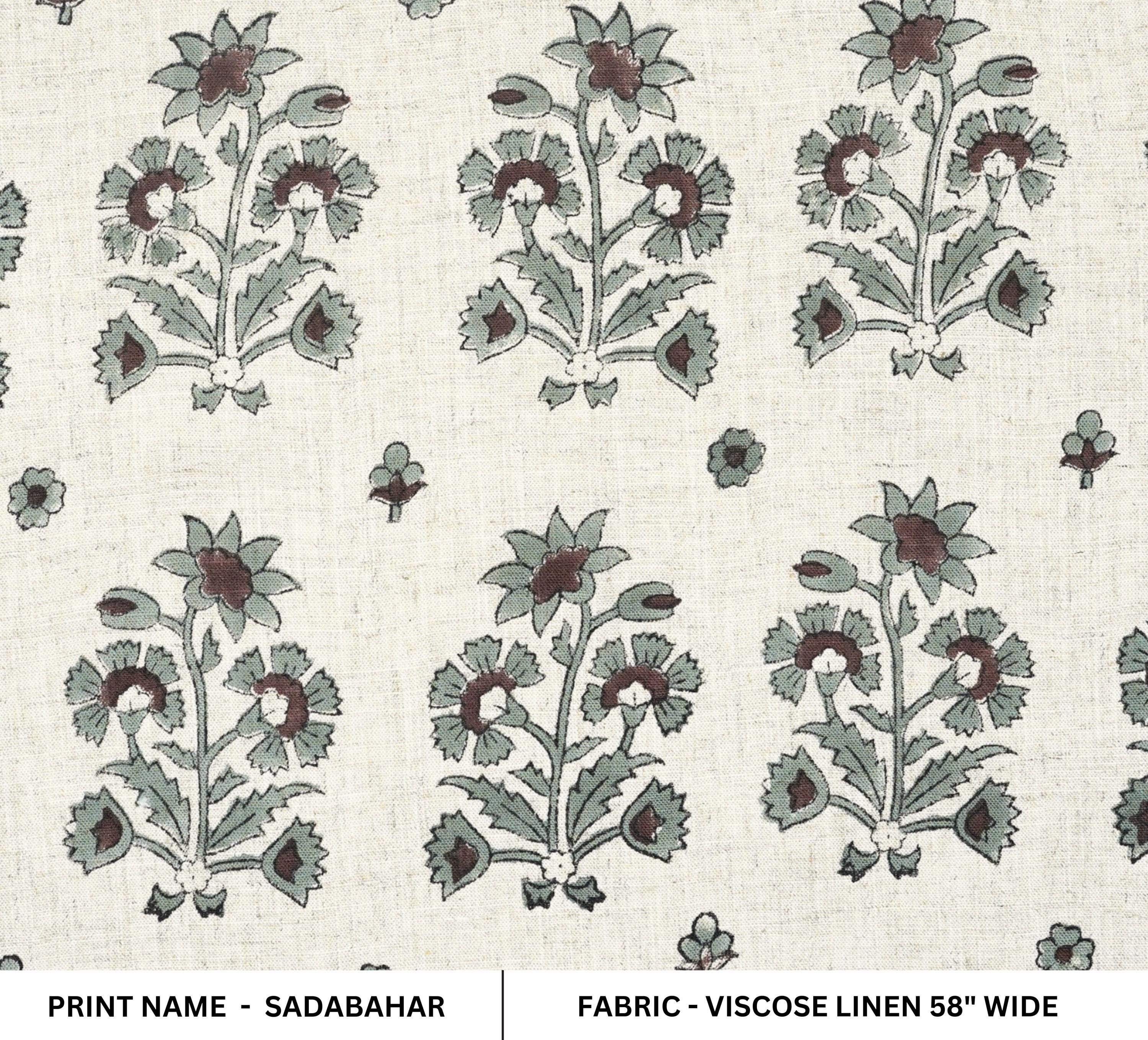 HAND BLOCK PRINT FLORAL GREEN AND BLUE NATURAL LINEN FABRIC - SADABAHAR