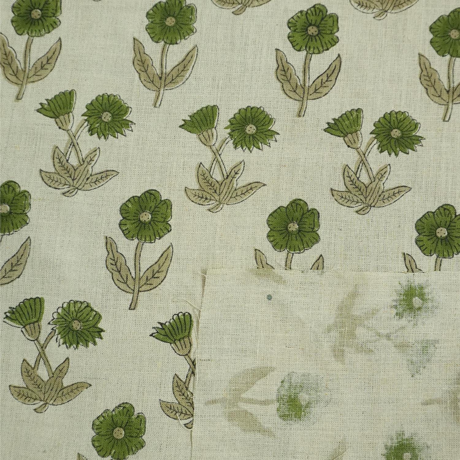 KIRTI HAND BLOCK PRINTED PURE LINEN FABRIC – GREEN & BEIGE FLORAL DESIGN FOR ELEGANT HOME DECOR