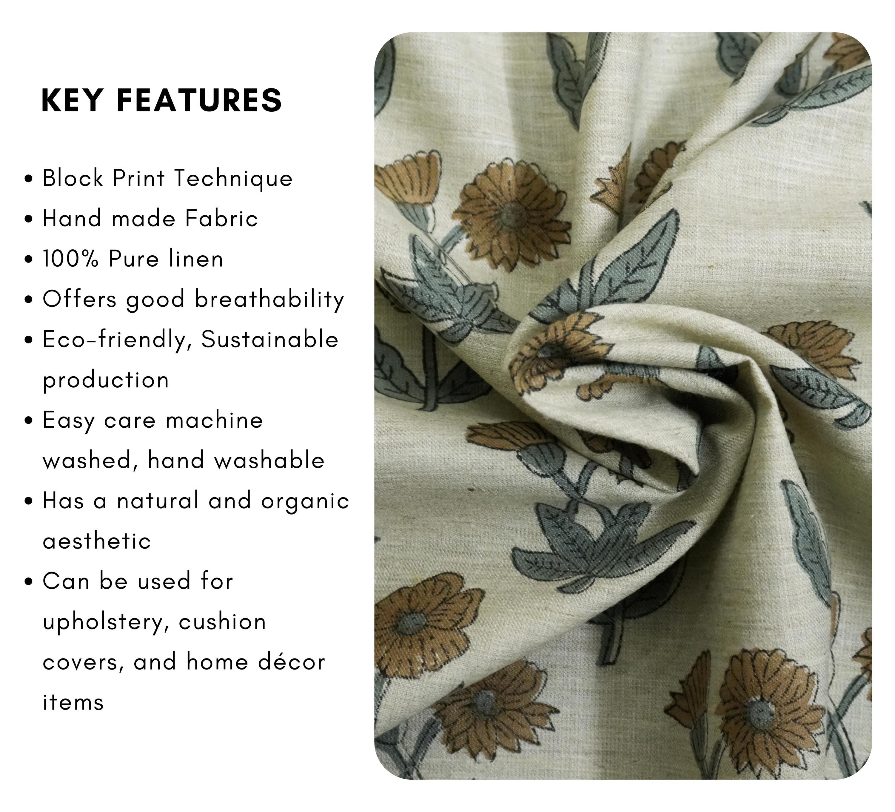 KIRTI HAND BLOCK PRINTED PURE LINEN FABRIC – ELEGANT BROWN & GRAY FLORAL DESIGN FOR TIMELESS DECOR