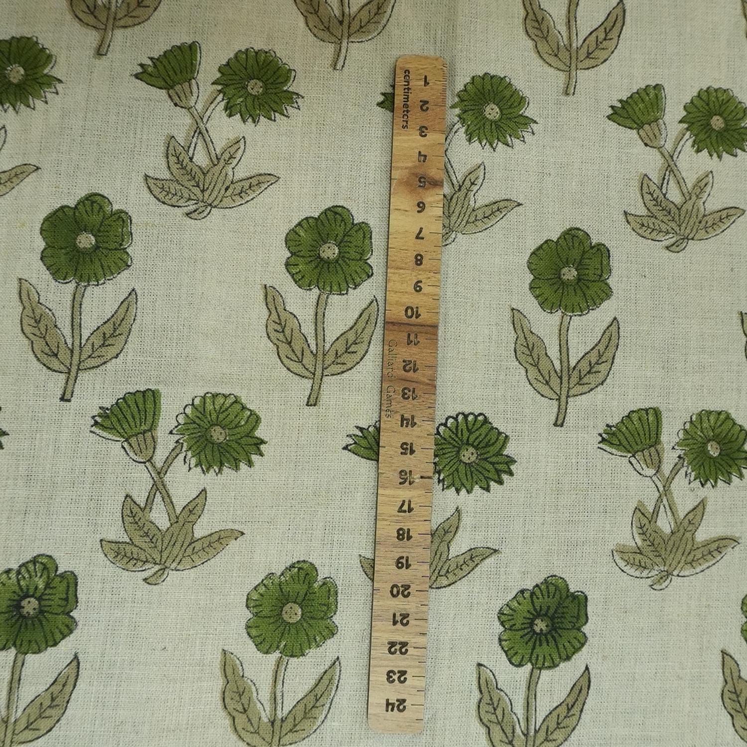 KIRTI HAND BLOCK PRINTED PURE LINEN FABRIC – GREEN & BEIGE FLORAL DESIGN FOR ELEGANT HOME DECOR