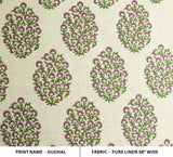 Handmade Pink & Green Floral Printed on Pure Linen Fabric - Gudhal Bloom