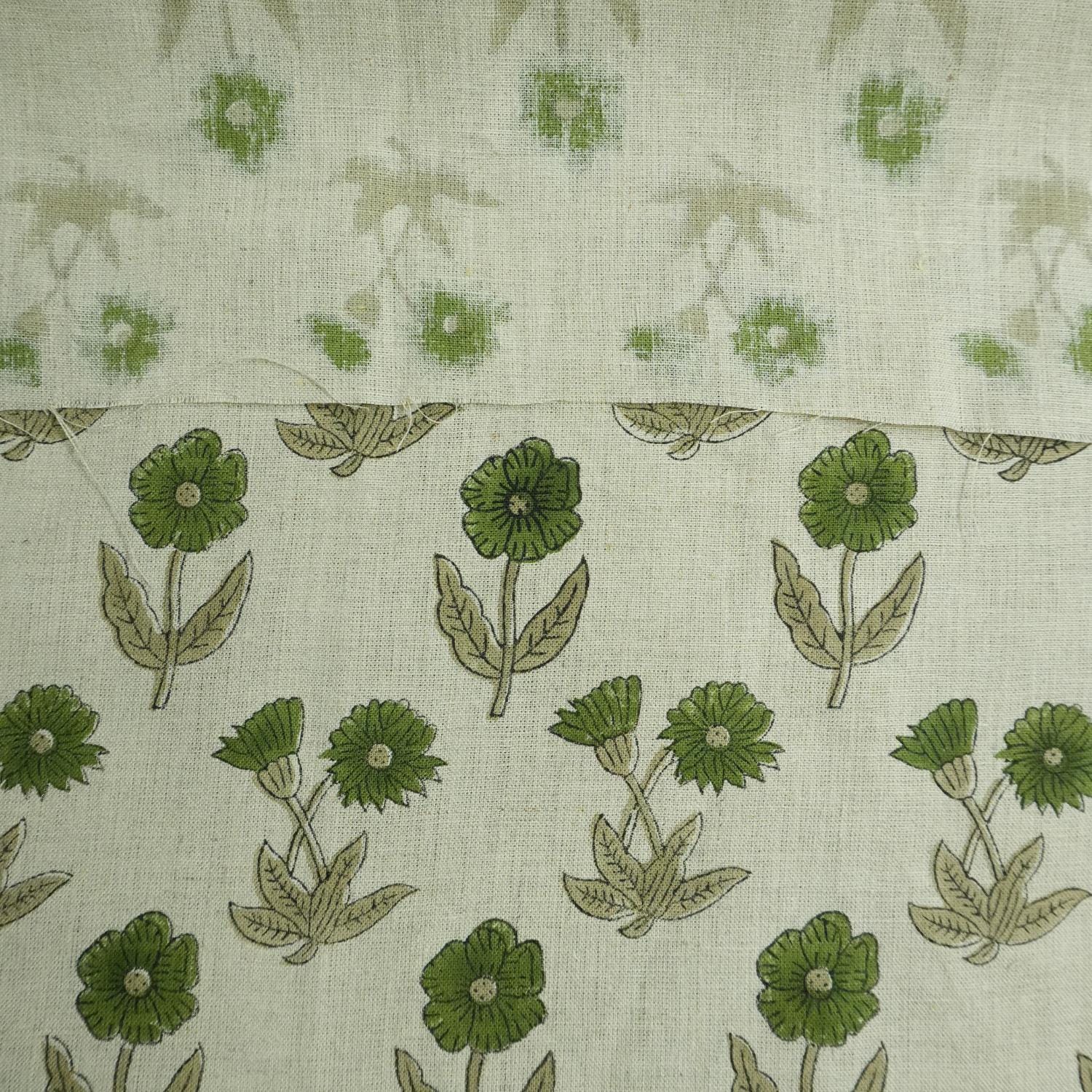 KIRTI HAND BLOCK PRINTED PURE LINEN FABRIC – GREEN & BEIGE FLORAL DESIGN FOR ELEGANT HOME DECOR