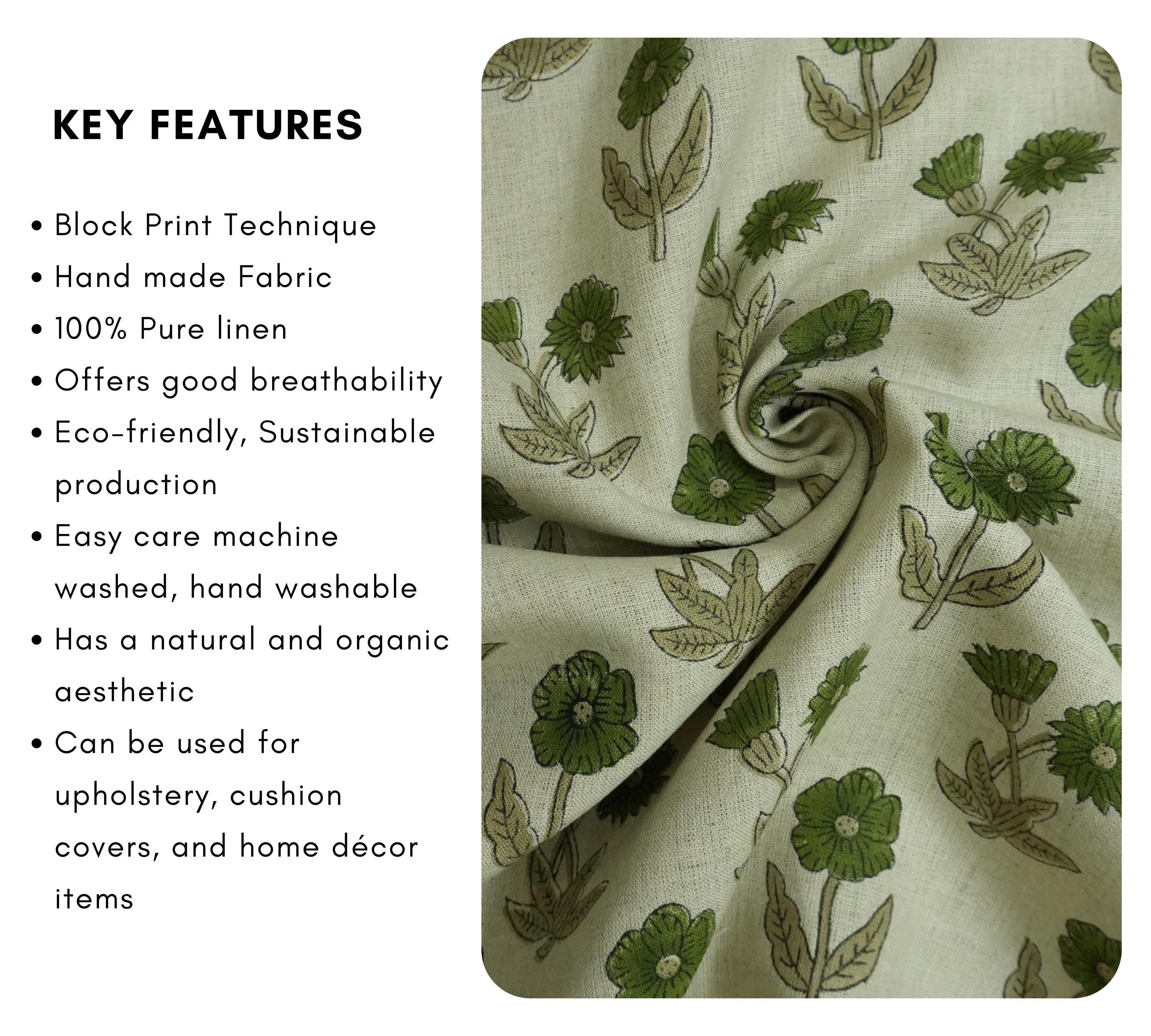 KIRTI HAND BLOCK PRINTED PURE LINEN FABRIC – GREEN & BEIGE FLORAL DESIGN FOR ELEGANT HOME DECOR