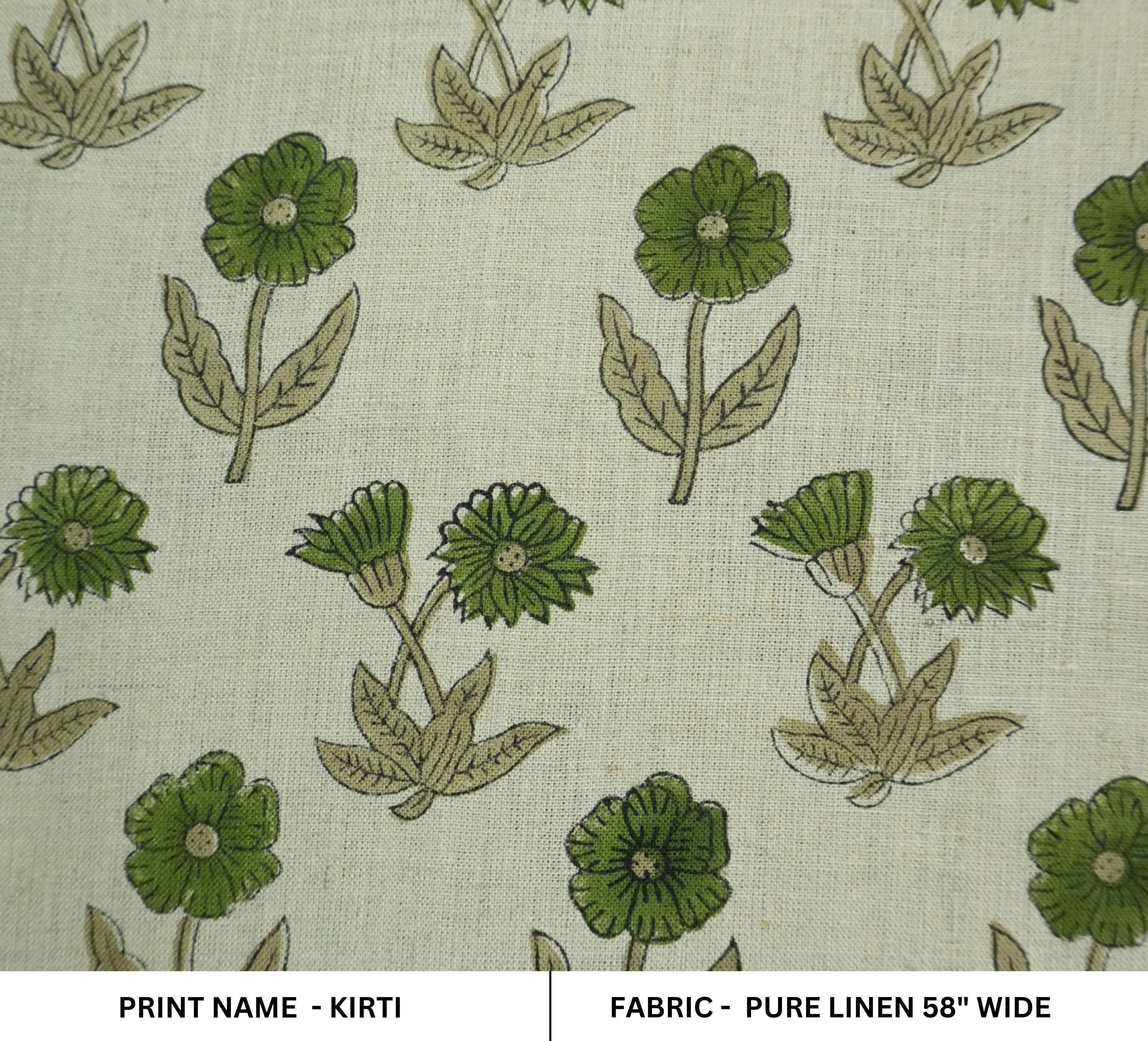 KIRTI HAND BLOCK PRINTED PURE LINEN FABRIC – GREEN & BEIGE FLORAL DESIGN FOR ELEGANT HOME DECOR