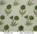 HAND BLOCK PRINTED PURE LINEN FABRIC GREEN & BEIGE FLORAL DESIGNER - KIRTI
