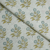 FLORAL HAND BLOCK PRINT, LINEN HANDMADE ART, GREEN PRINTED FABRIC, BOHEMIAN DRAPERY LINEN  - NEHA