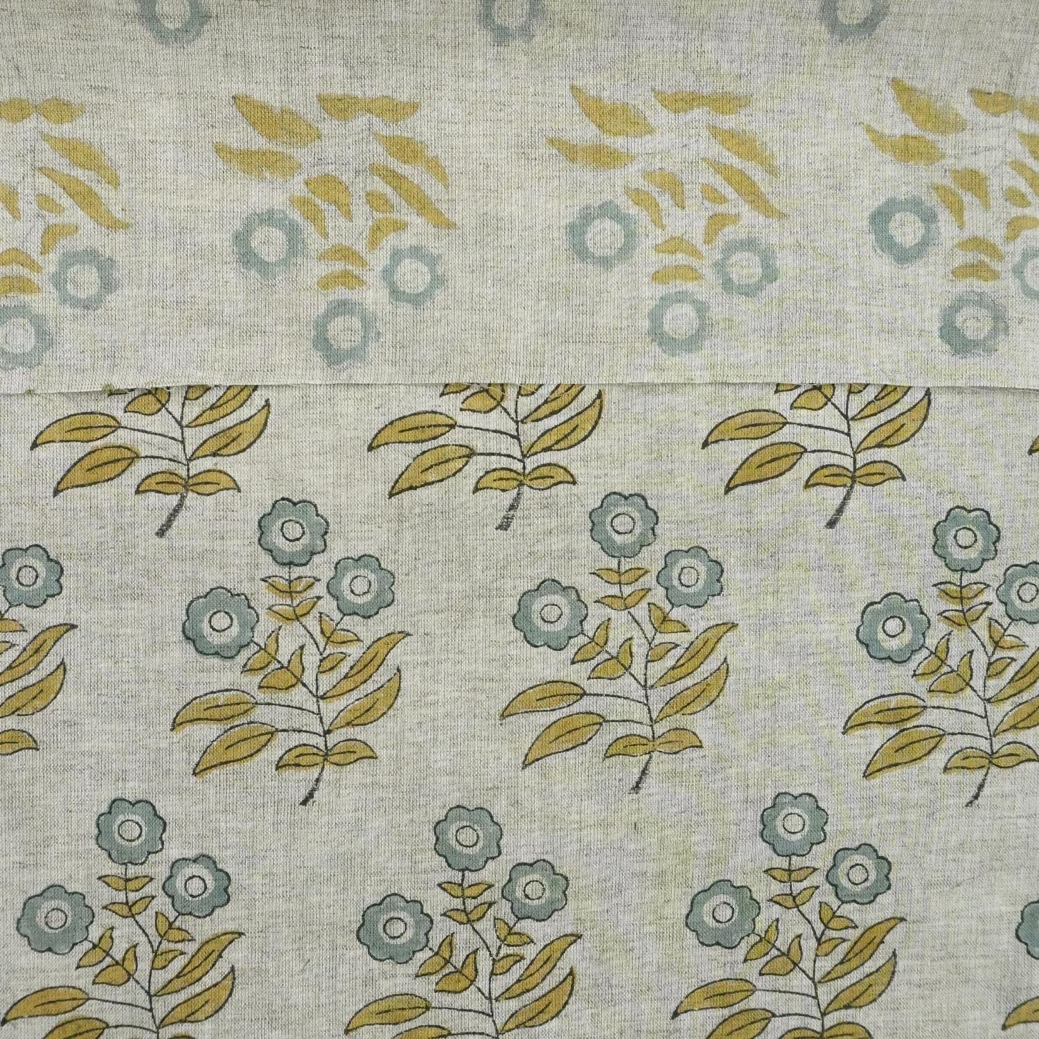 FLORAL HAND BLOCK PRINT, LINEN HANDMADE ART, GREEN PRINTED FABRIC, BOHEMIAN DRAPERY LINEN  - NEHA