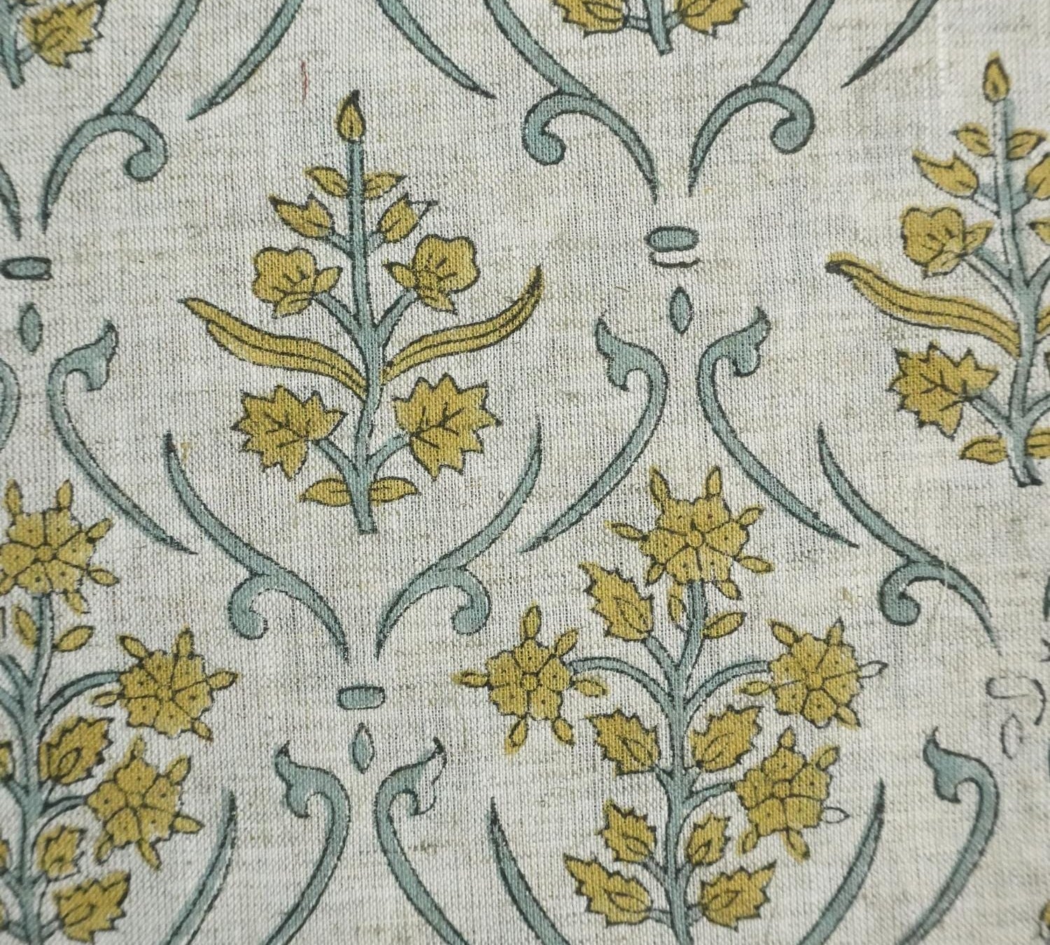 VISCOSE LINEN HAND BLOCK PRINTED FABRIC – VISHALPUSHP FLORAL GRAY & MUSTARD FOR ELEGANT HOME DÉCOR