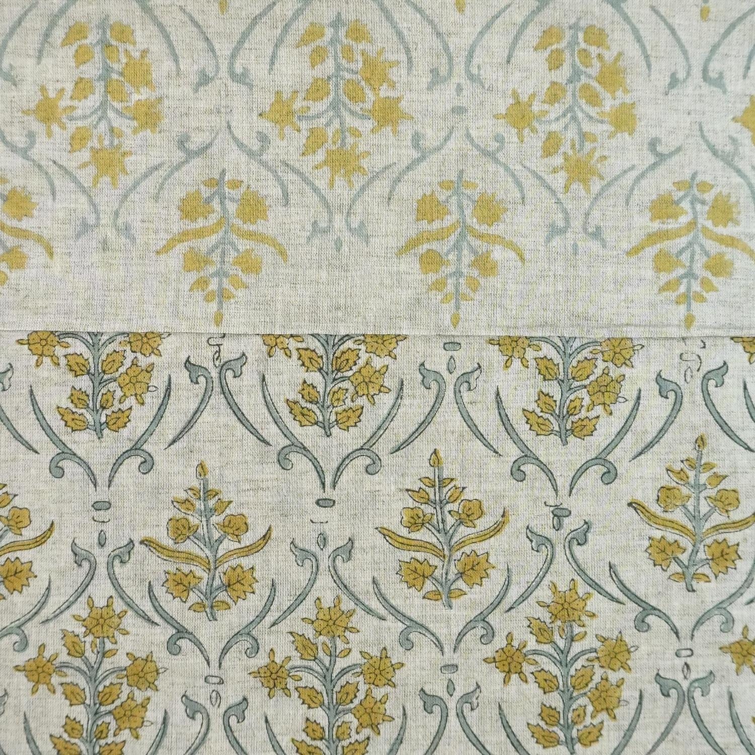 VISCOSE LINEN HAND BLOCK PRINTED FABRIC – VISHALPUSHP FLORAL GRAY & MUSTARD FOR ELEGANT HOME DÉCOR