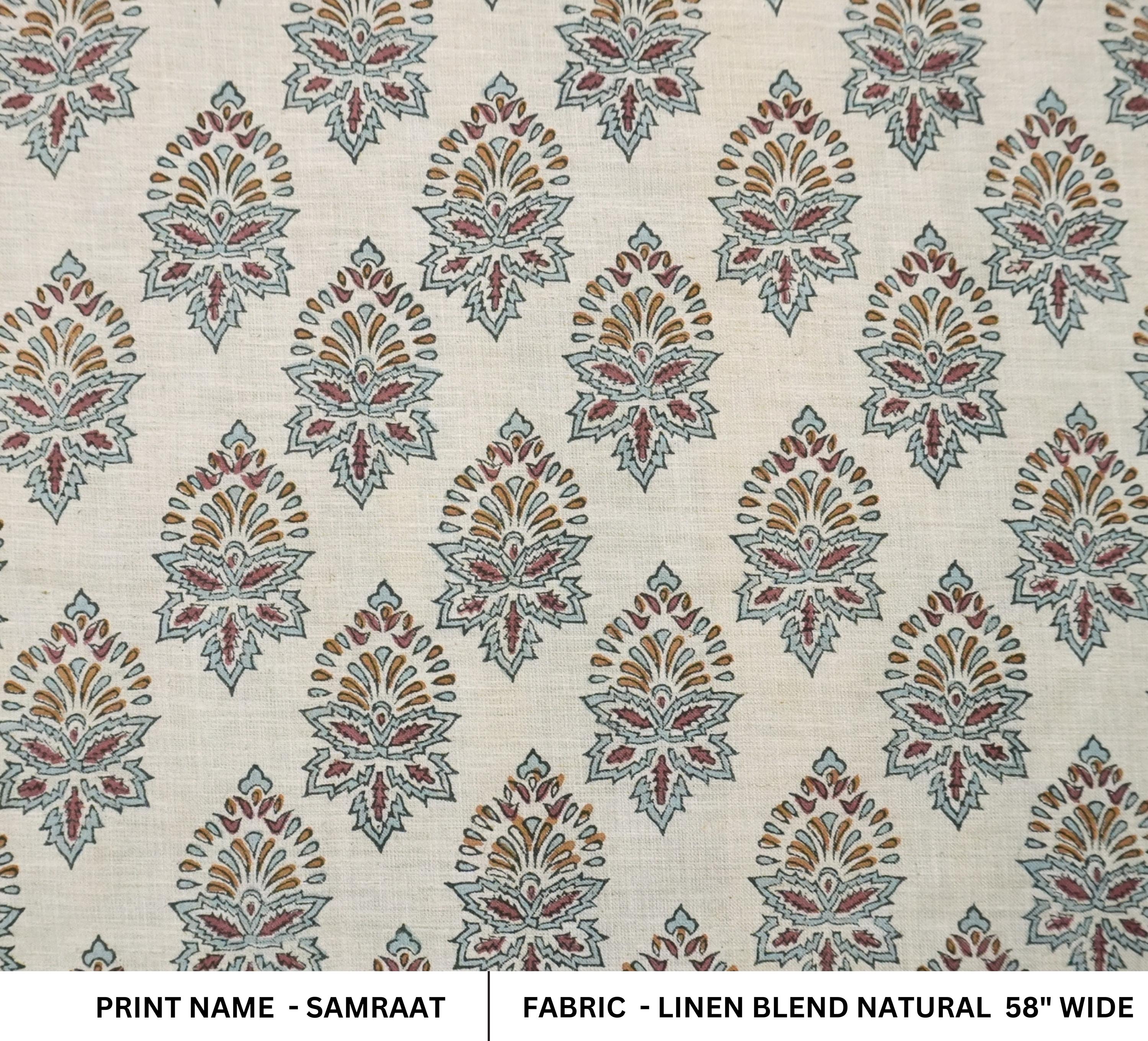 BLOCK PRINT FLORAL FABRIC, LINEN BLEND NATURAL, CURTAIN AND UPHOLSTERY BOHO DECOR - SAMRAAT