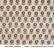 FLORAL PRINT FABRIC, HAND BLOCK PRINT, LINEN BLEND NATURAL, TABLECLOTH, NAPKIN AND CURTAIN - ANAMIKA