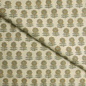FLORAL BLOCK PRINT LINEN, HANDMADE PRINT, LINEN BLEND NATURAL, DESIGNER FABRIC - ANAMIKA