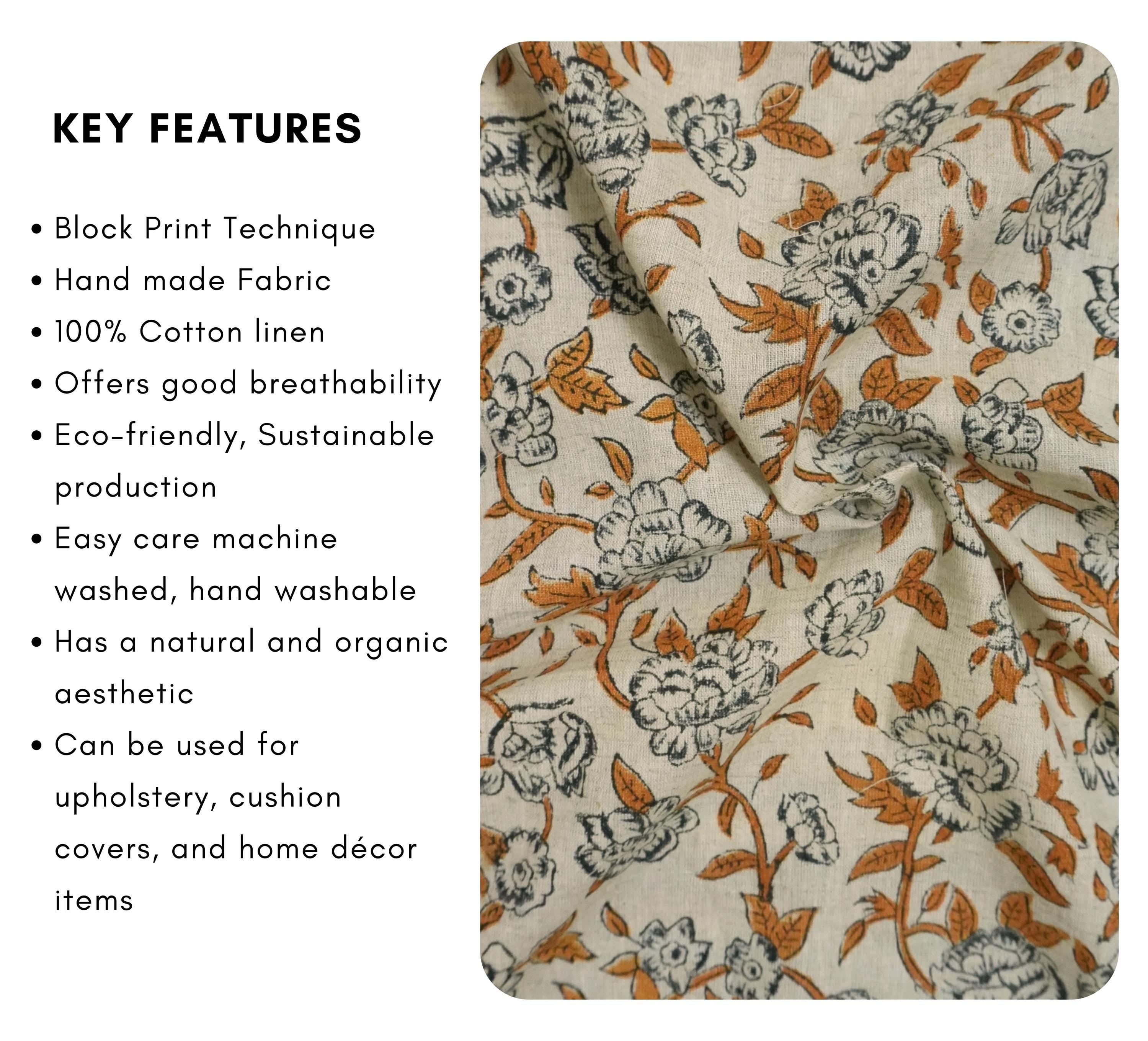 HAND BLOCK PRINT, COTTON LINEN FLORAL PRINTED FABRIC, LINEN BEDDING AND DRAPERY FABRIC  - MRIGNAYANI