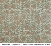 PRINTED LINEN FABRIC, HAND BLOCK PRINT LINEN BLEND NATURAL, FLORAL FABRIC FOR UPHOLSTERY AND DECOR - JAIPURI JAAL