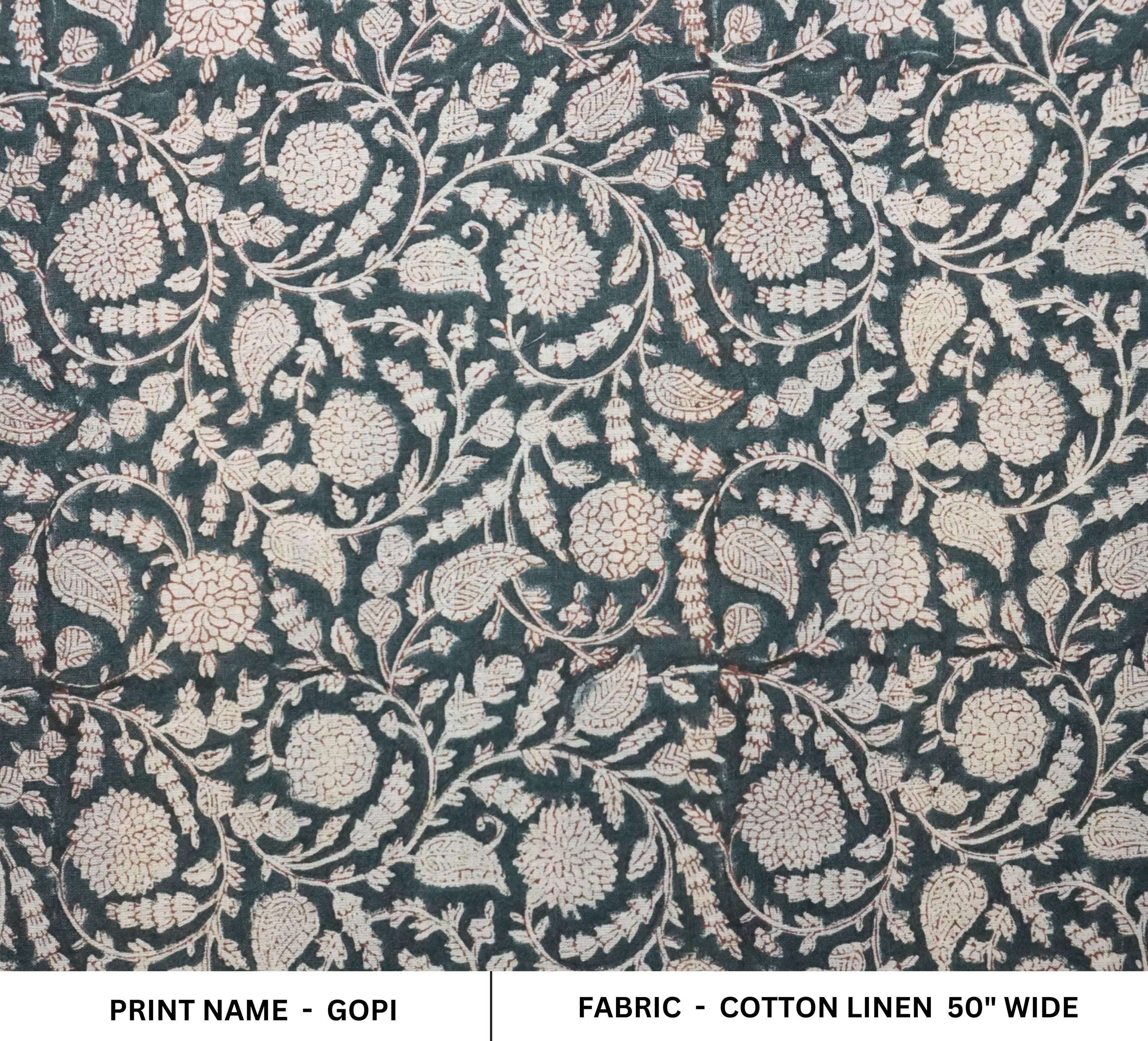 LINEN FLORAL BLOCK PRINT, HANDMADE PRINT FABRIC FOR COUCH AND DRAPERY, FLOWER PRINT LINEN - GOPI