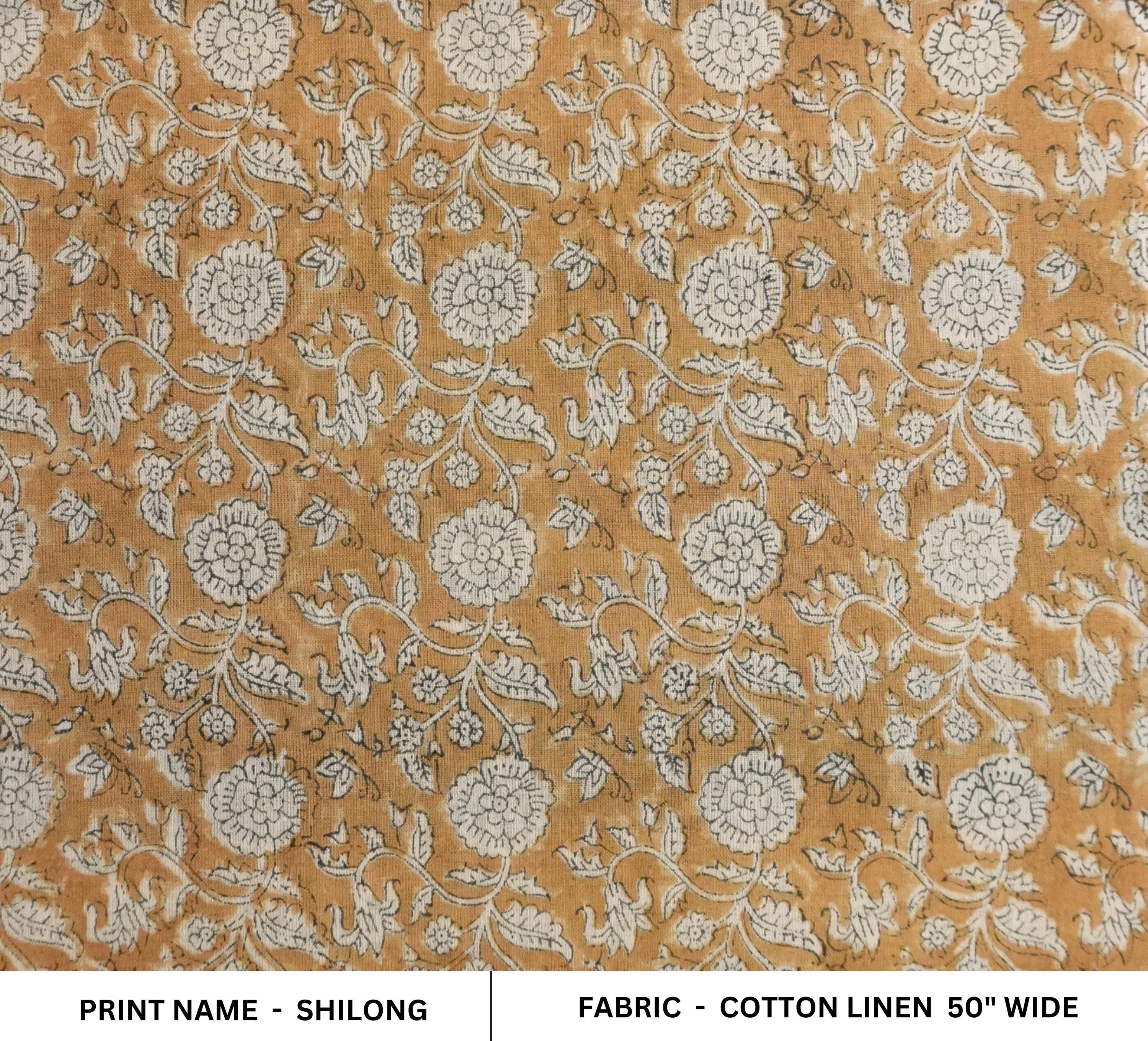 BLOCK PRINT FLORAL HANDMADE LINEN, COTTON LINEN, PILLOW AND CUSHION FABRIC, INDIAN TEXTILE - SHILONG