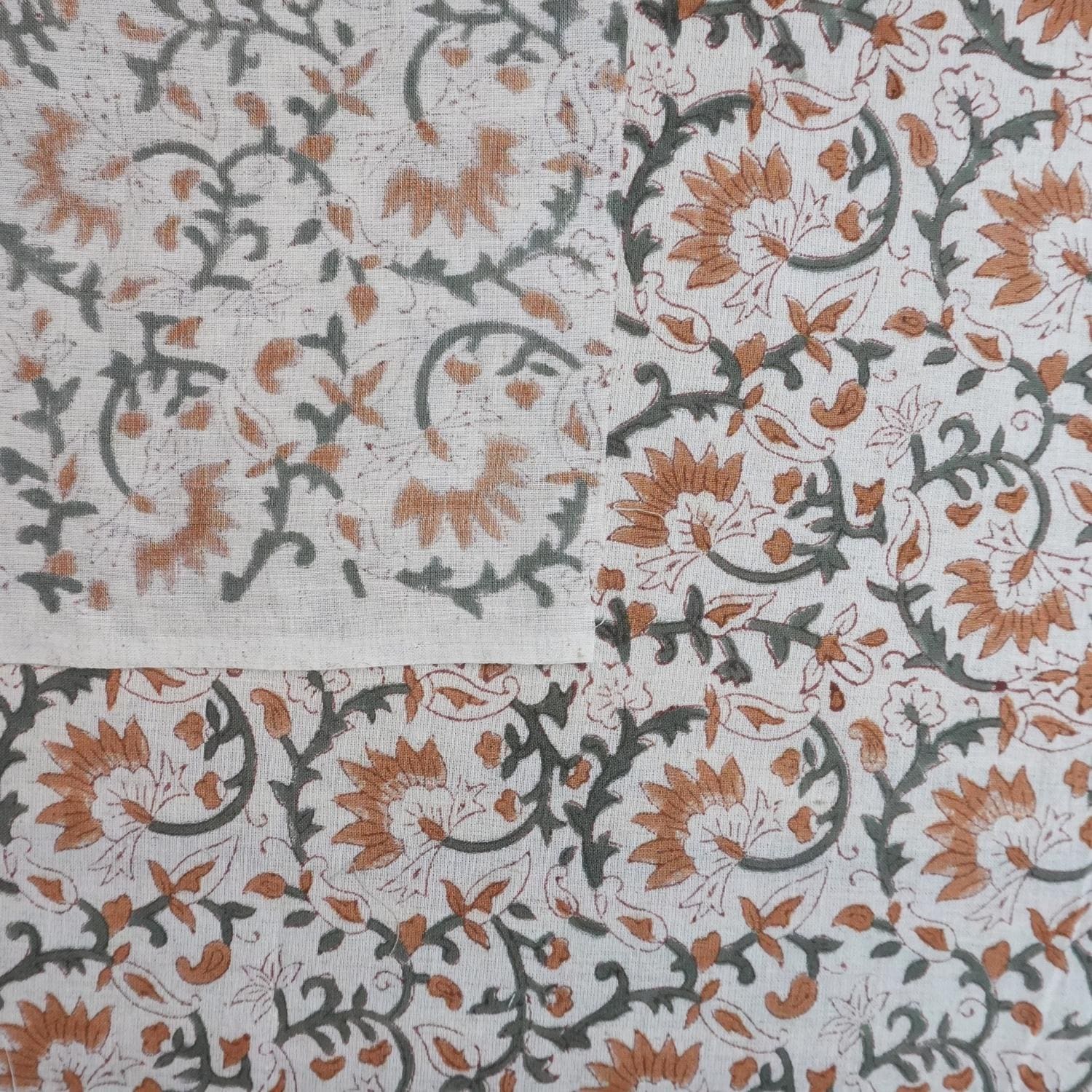 HAND BLOCK PRINT, FLORAL RUST FABRIC, LINEN TABLECLOTH AND NAPKINS, INDIAN TEXTILE - MADHAV