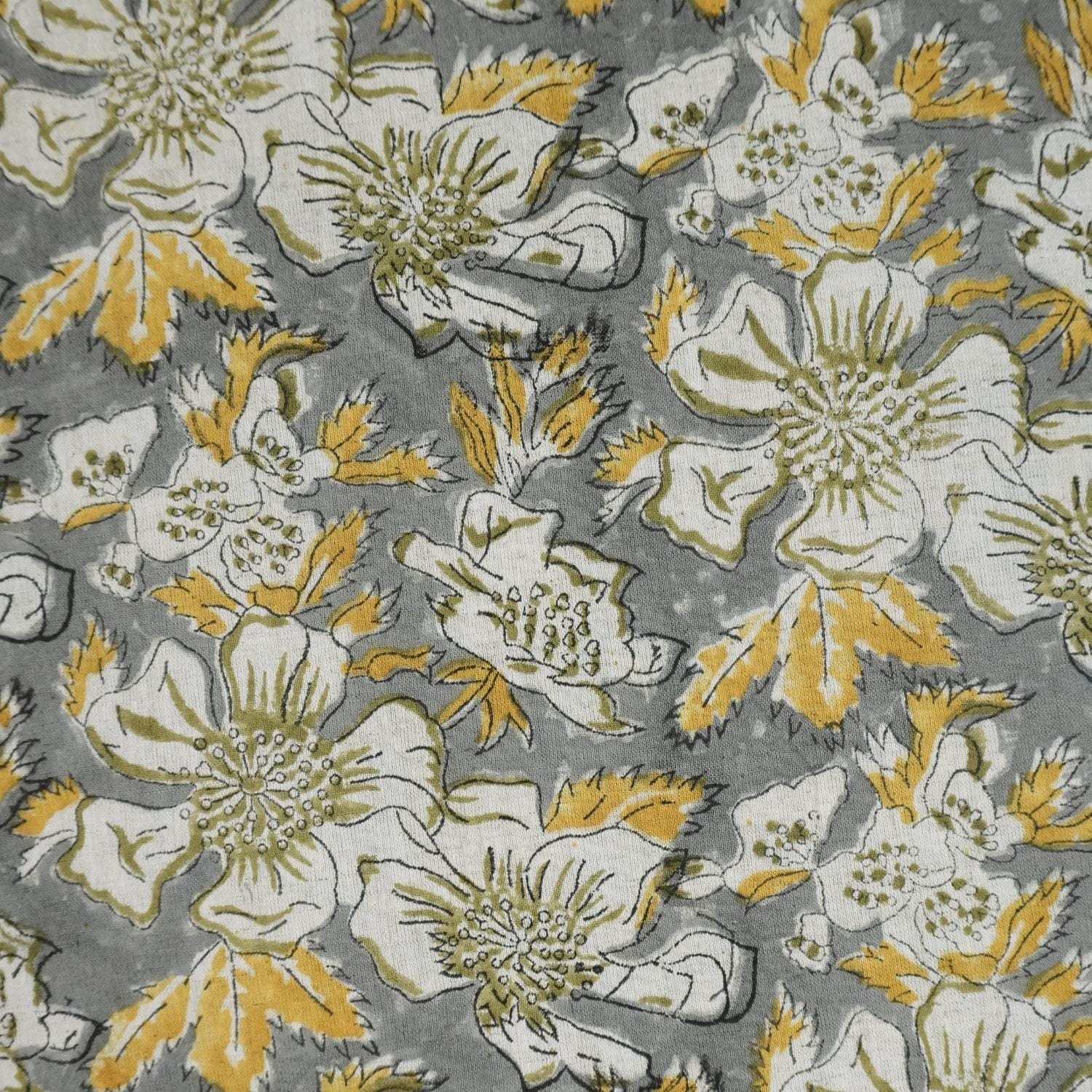 VISCOSE LINEN 58" WIDE, HAND BLOCK PRINT LINEN, INDIAN FLORAL FABRIC, LINEN BY THE YARD - PAPAYA LEAF