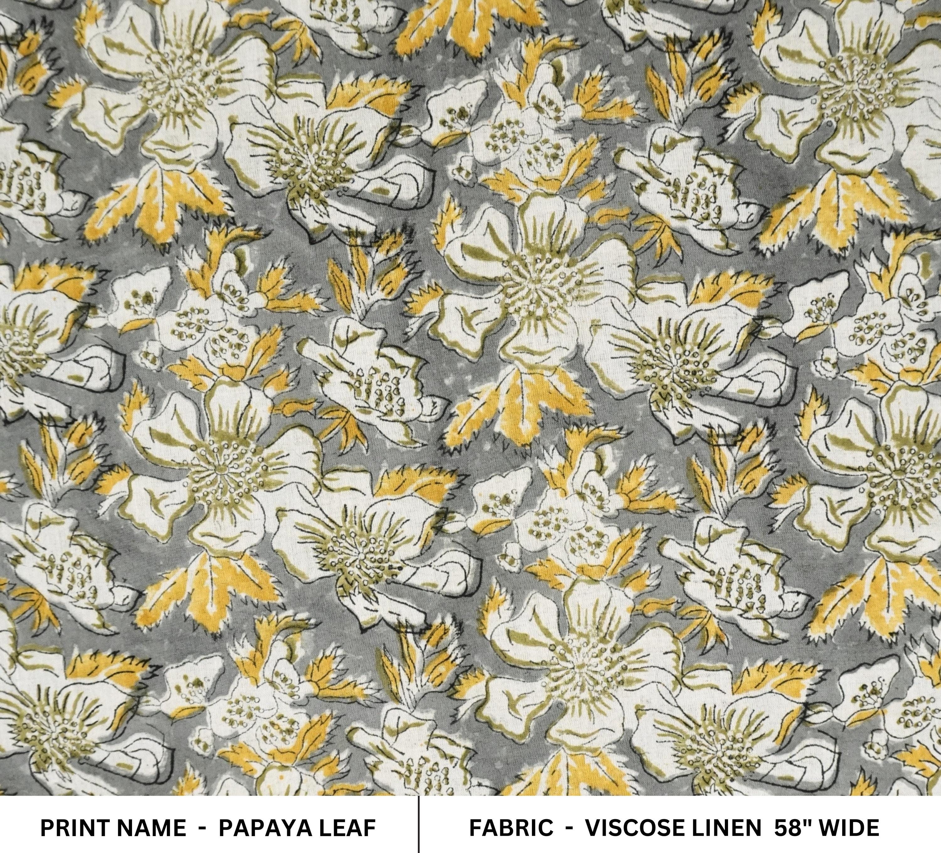 VISCOSE LINEN 58" WIDE, HAND BLOCK PRINT LINEN, INDIAN FLORAL FABRIC, LINEN BY THE YARD - PAPAYA LEAF