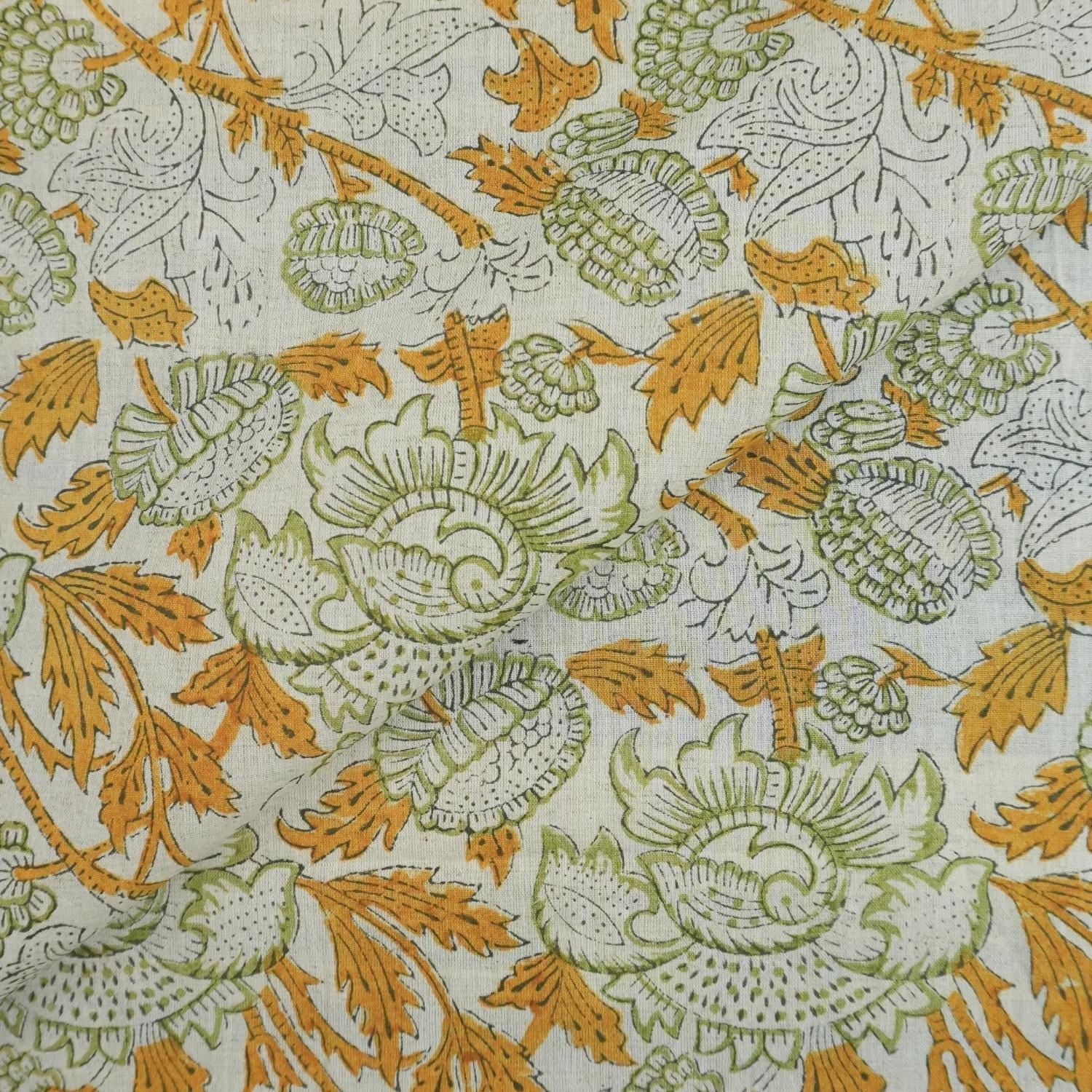 FLORAL BLOCK PRINT LINEN FABRIC FOR CURTAIN, BEDDING, CUSHION AND UPHOLSTERY - AKASH GANGA