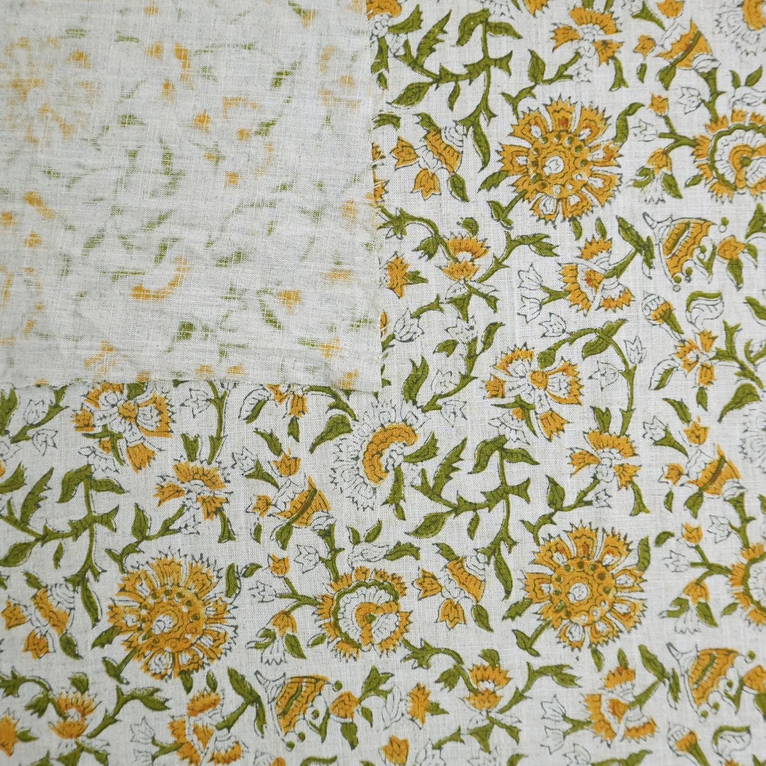 VISCOSE LINEN 58" WIDE, HAND BLOCK PRINT, FLORAL DECORATIVE YELLOW FABRIC, HANDMADE ART - PUSHPLATA