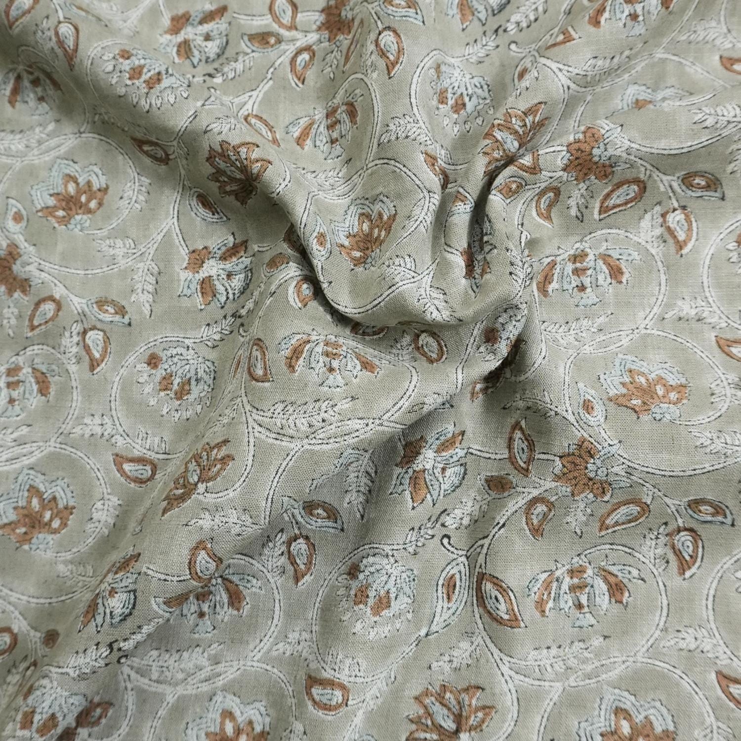 BLOCK PRINT FLORAL HANDMADE LINEN, GRAY LINEN FABRIC, INDIAN UPHOLSTERY FABRIC - SARASWATI