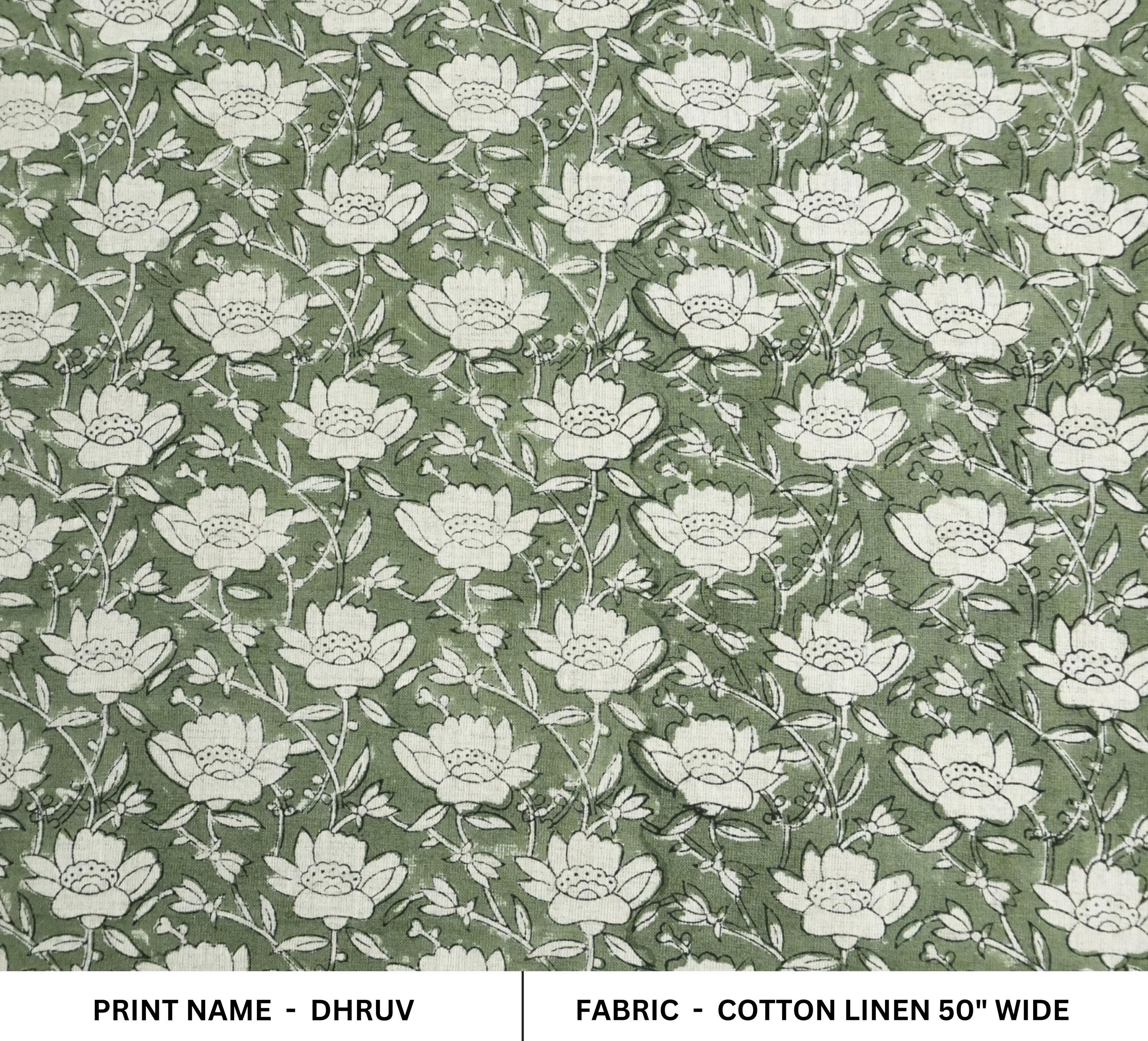 COTTON LINEN GREEN FLORAL BLOCK PRINT, LINEN CLOTHING, HANDMADE FABRIC, INDIAN TEXTILE  - DHRUV