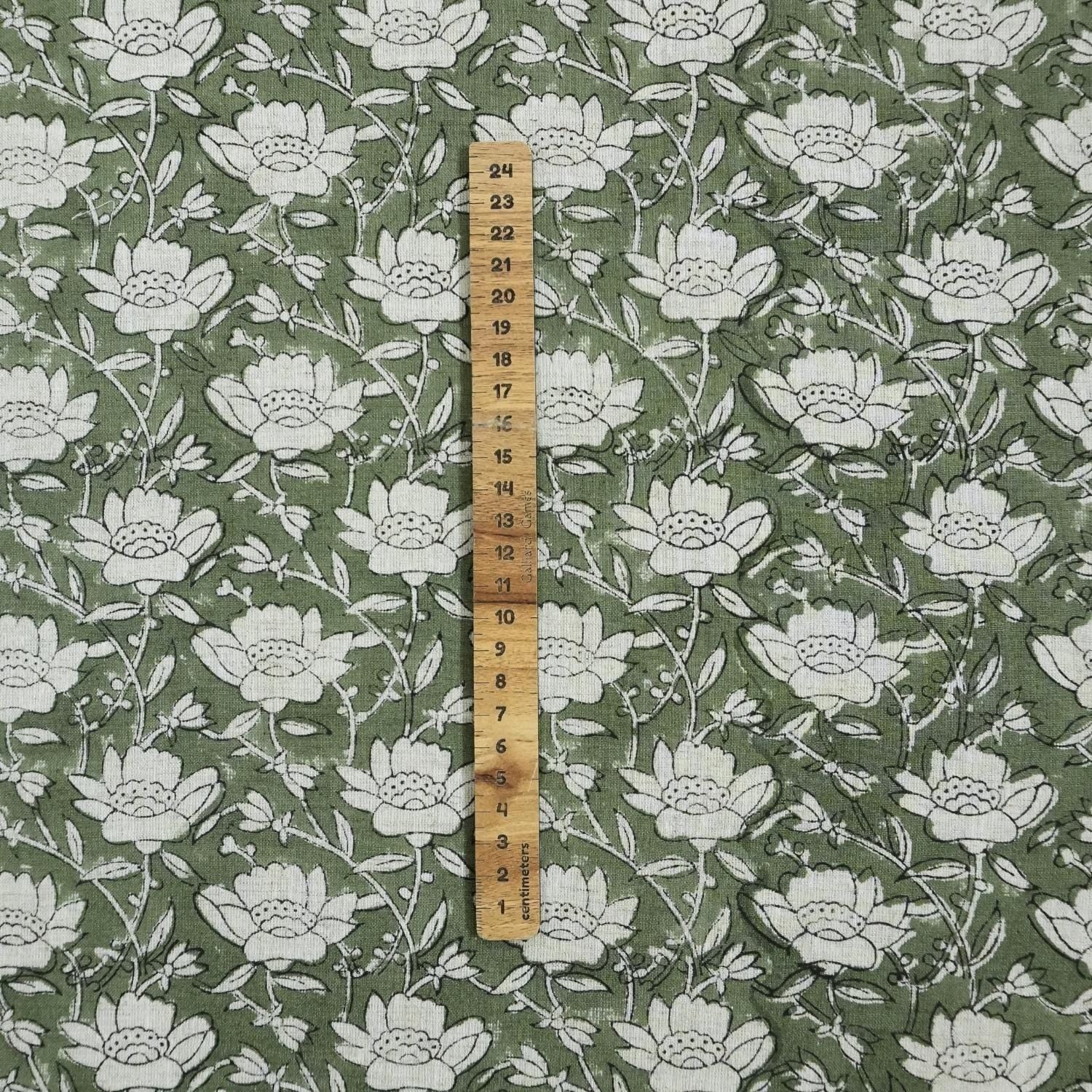 COTTON LINEN GREEN FLORAL BLOCK PRINT, LINEN CLOTHING, HANDMADE FABRIC, INDIAN TEXTILE  - DHRUV