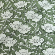 COTTON LINEN GREEN FLORAL BLOCK PRINT, LINEN CLOTHING, HANDMADE FABRIC, INDIAN TEXTILE  - DHRUV