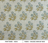 Hand Block Printed Viscose Linen Handmade Green & Gray Floral Bohemian Drapery Fabric - Neha