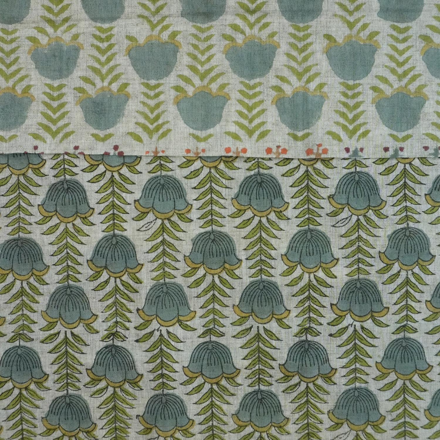 VISCOSE LINEN FABRIC, HAND BLOCK PRINT, GRAY FLORAL LINEN FABRIC, LINEN BY THE YARD - LOTUS