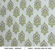 FLORAL HAND BLOCK PRINT, VISCOSE LINEN, GREEN FLORAL PRINT, INDIAN FABRIC - SAMRAAT