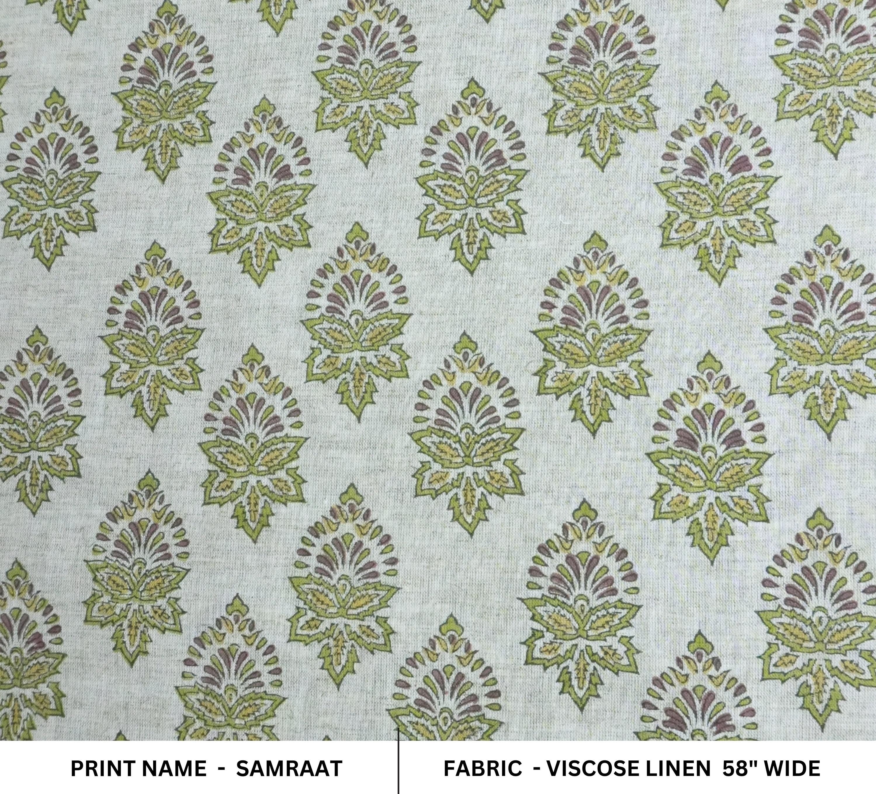 FLORAL HAND BLOCK PRINT, VISCOSE LINEN, GREEN FLORAL PRINT, INDIAN FABRIC - SAMRAAT