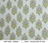 Indian Hand Block Printed Gray & Green Floral Viscose Linen Fabric For Curtains - SAMRAAT