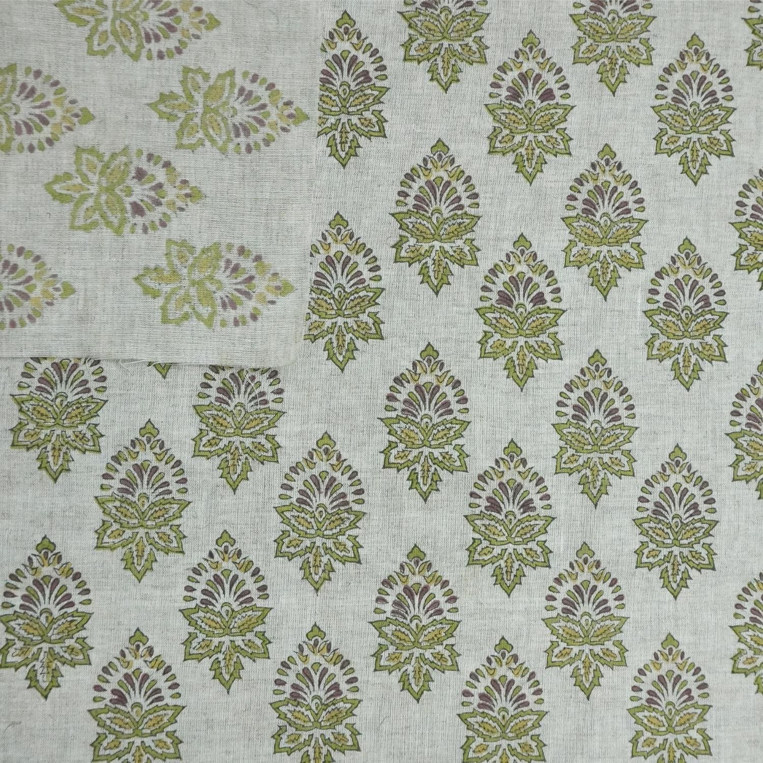 FLORAL HAND BLOCK PRINT, VISCOSE LINEN, GREEN FLORAL PRINT, INDIAN FABRIC - SAMRAAT