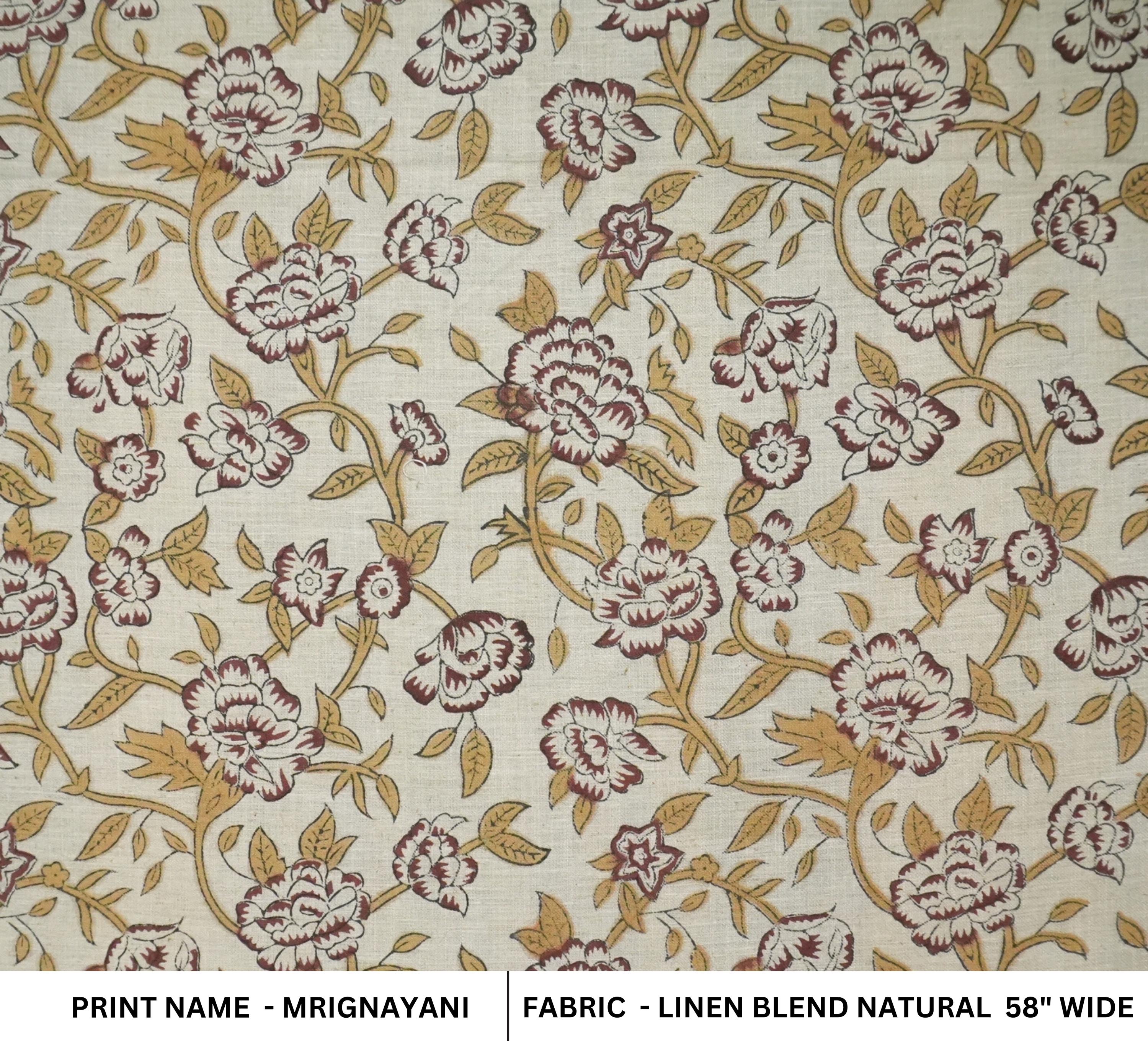 LINEN BLOCK PRINT FABRIC, LINEN BLEND NATURAL, HANDMADE INDIAN ART, PRINTED LINEN - MRIGNAYANI