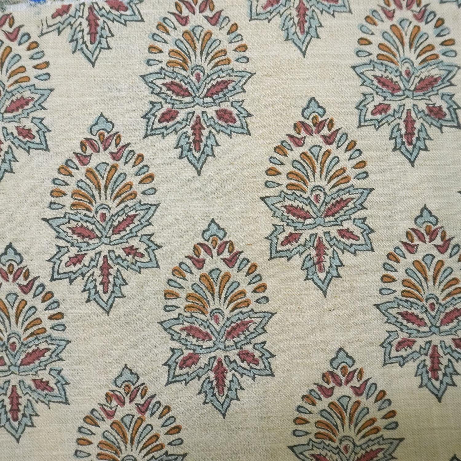 BLOCK PRINT FLORAL FABRIC, LINEN BLEND NATURAL, CURTAIN AND UPHOLSTERY BOHO DECOR - SAMRAAT